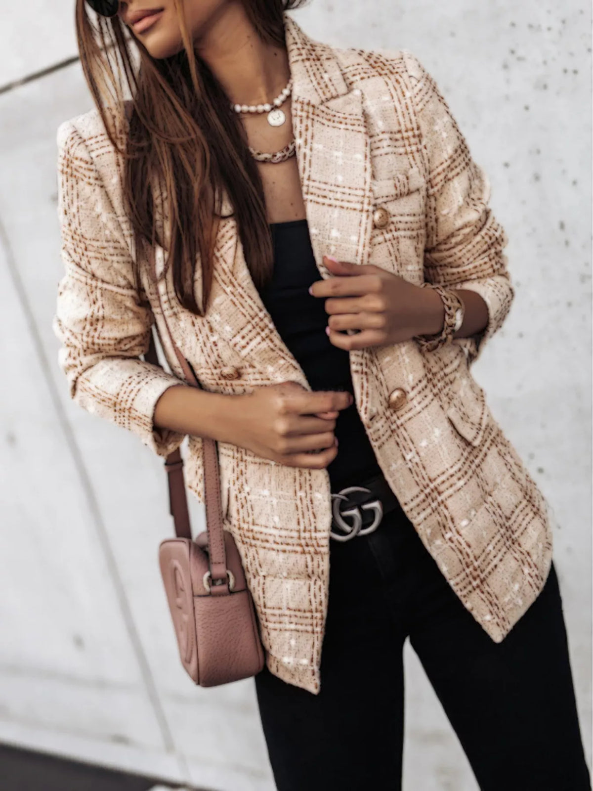 Full Size Plaid Tweed Double-Breasted Blazer Plus Size - Lilixa.store