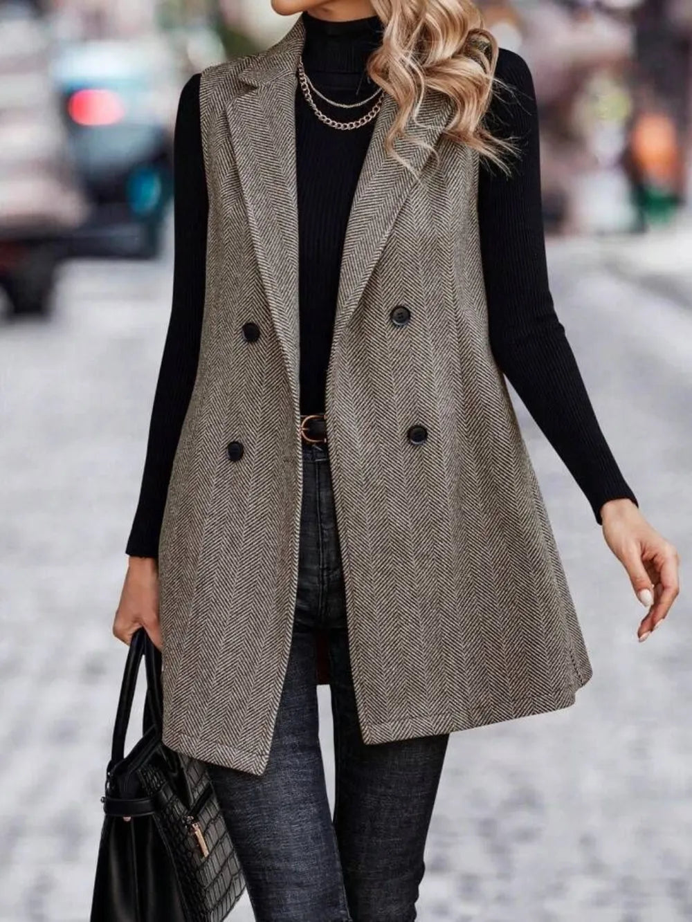 Buttoned Collared Neck Longline Vest Coat in Taupe