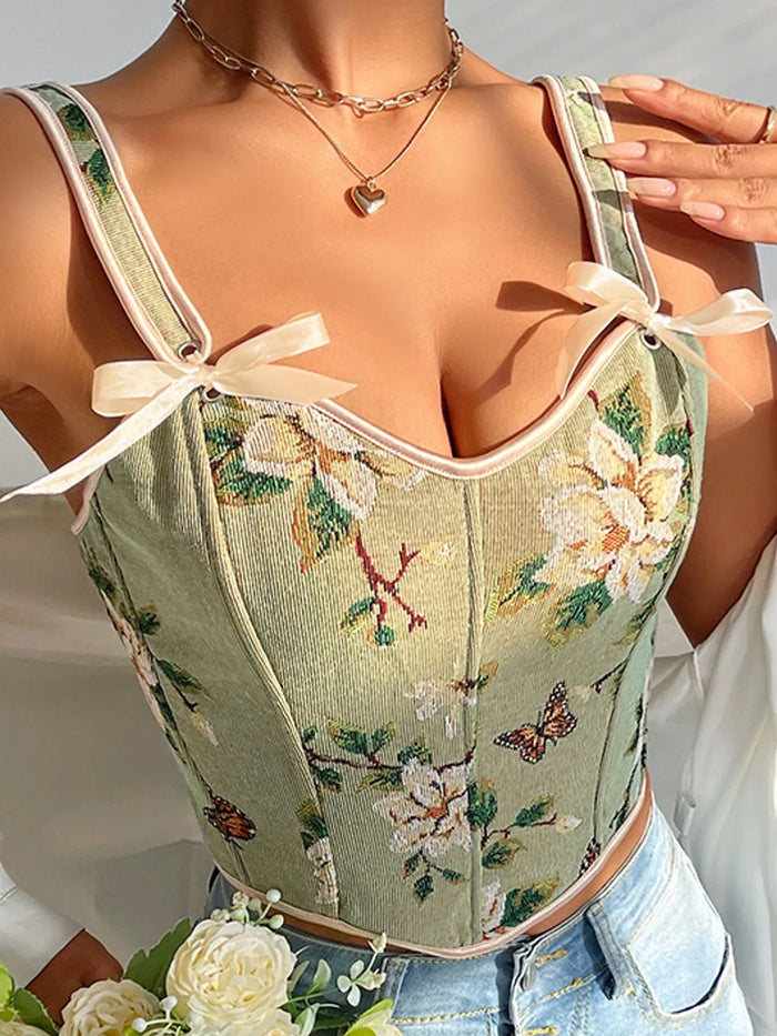 Floral Lace Up Back Tank in Dark Green