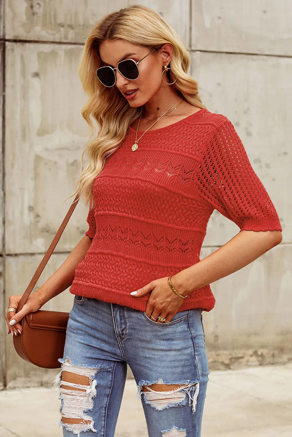Openwork Round Neck Half Sleeve Knit Top - Lilixa.store