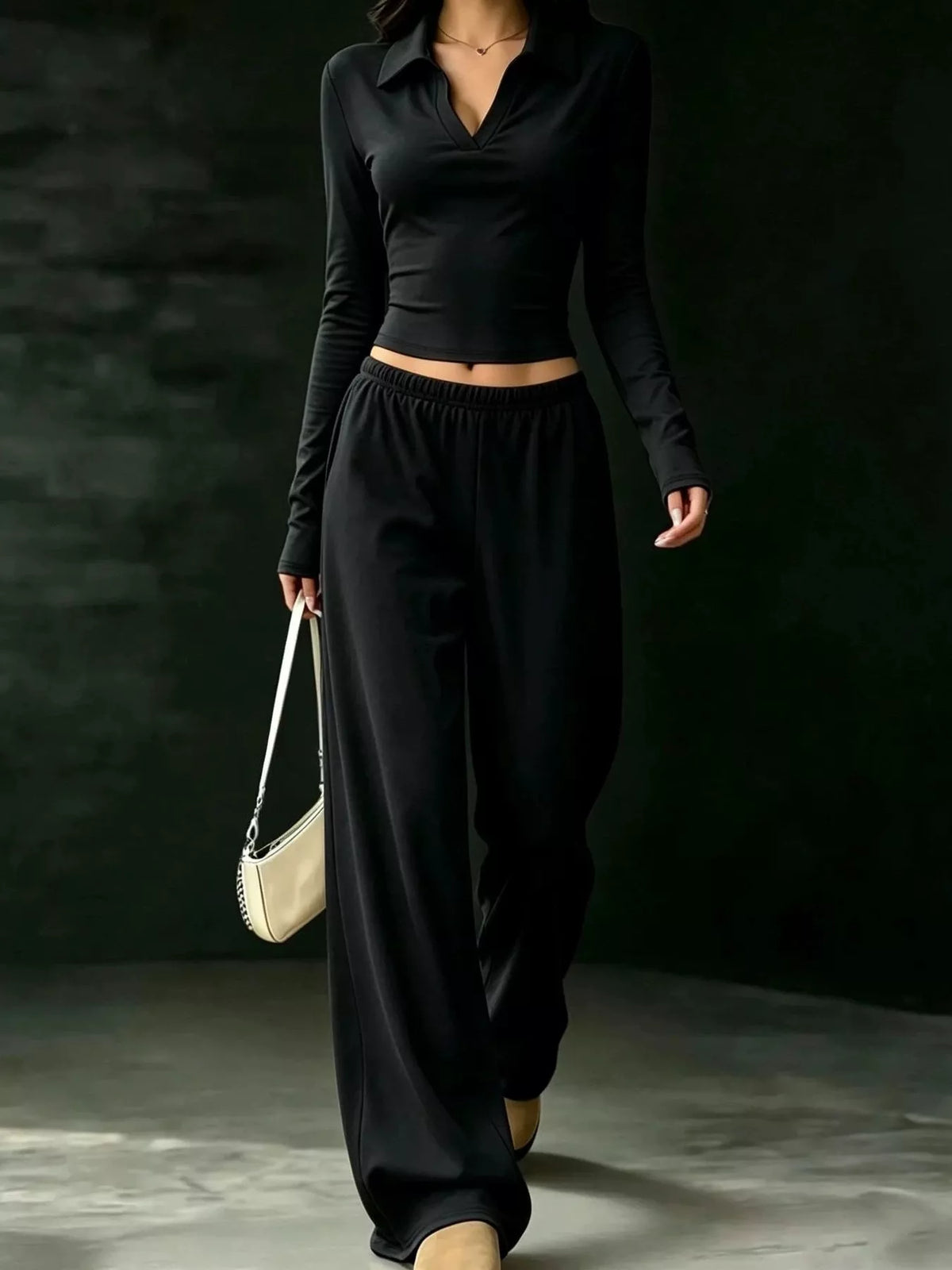 Solid Color Long Sleeve Polo Collar Top and Wide Leg Pants Set - Lilixa.store
