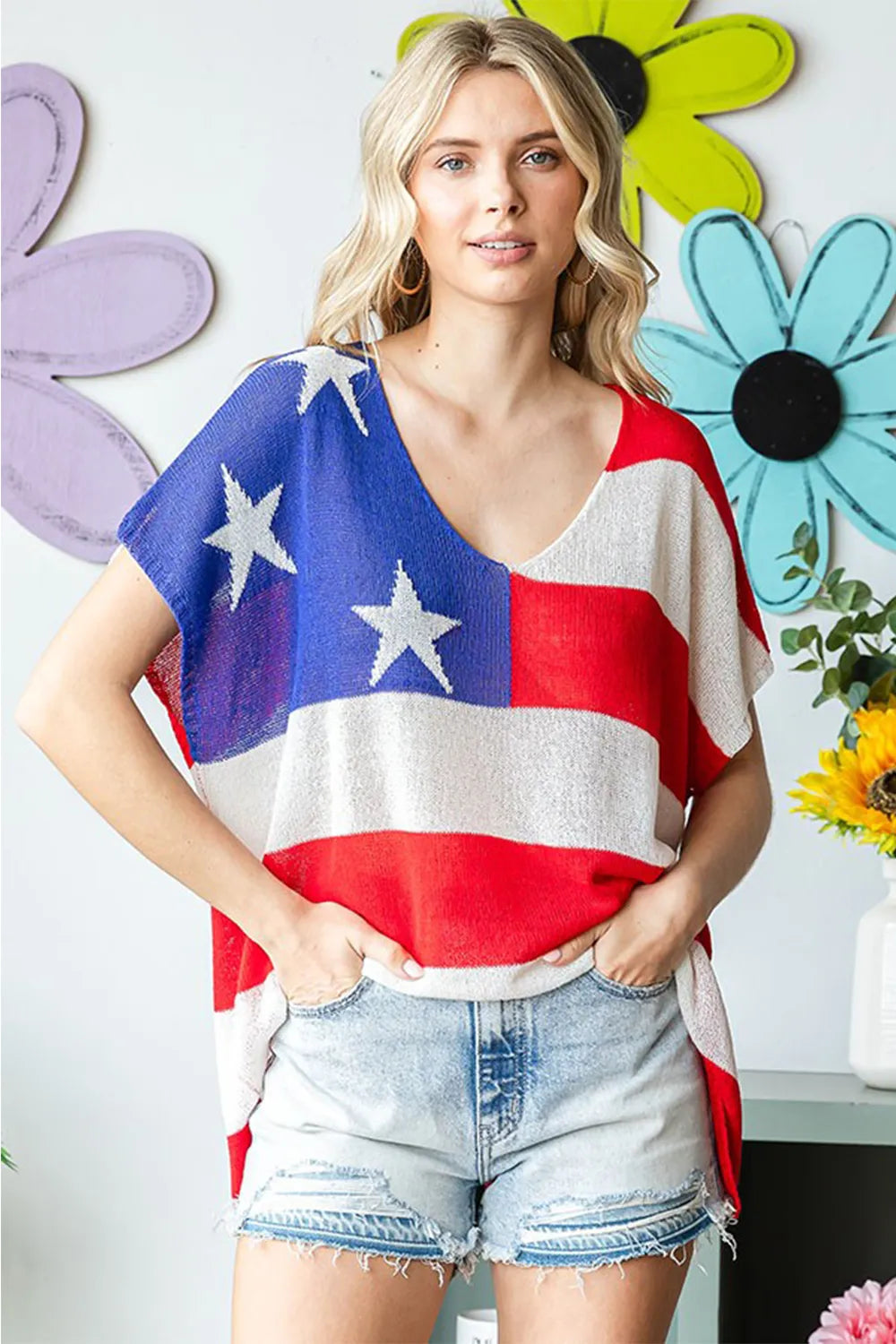 First Love Full Size USA Flag Drop Shoulder Knit Top - Lilixa.store
