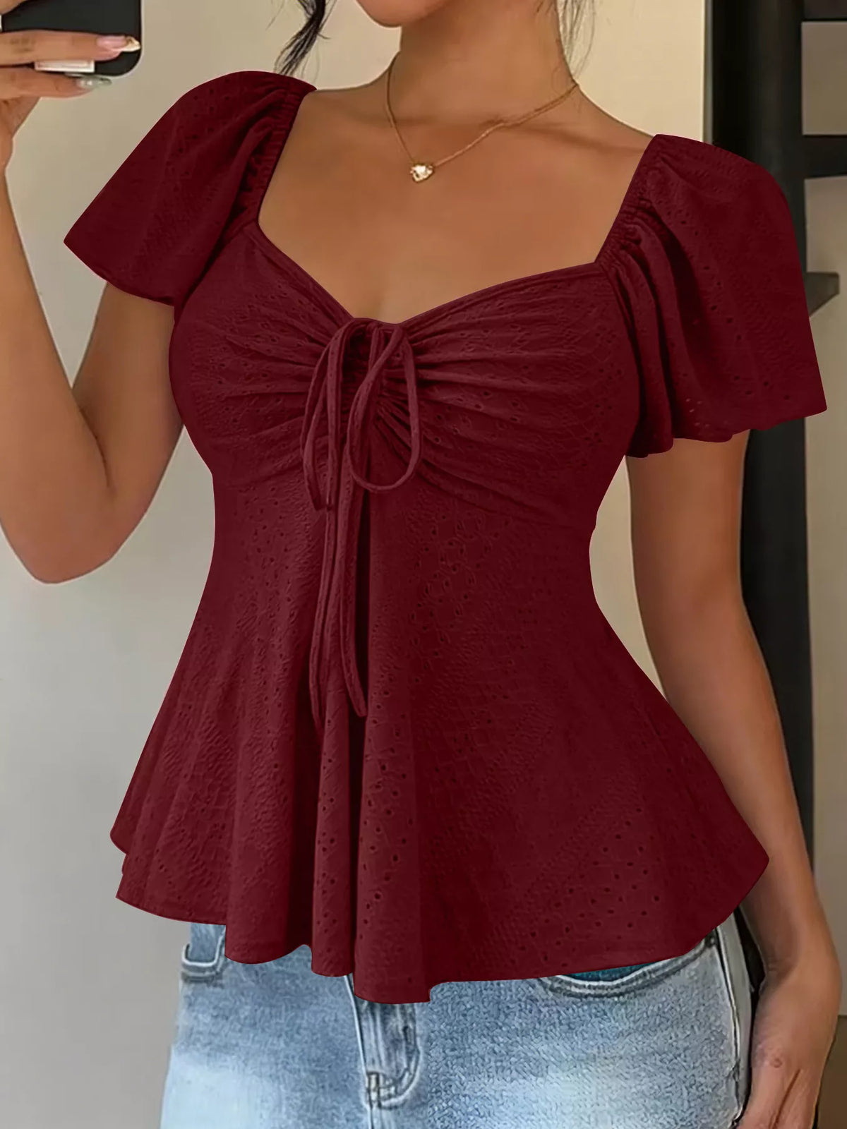 Sweetheart Neck Flutter Sleeve Top - Lilixa.store
