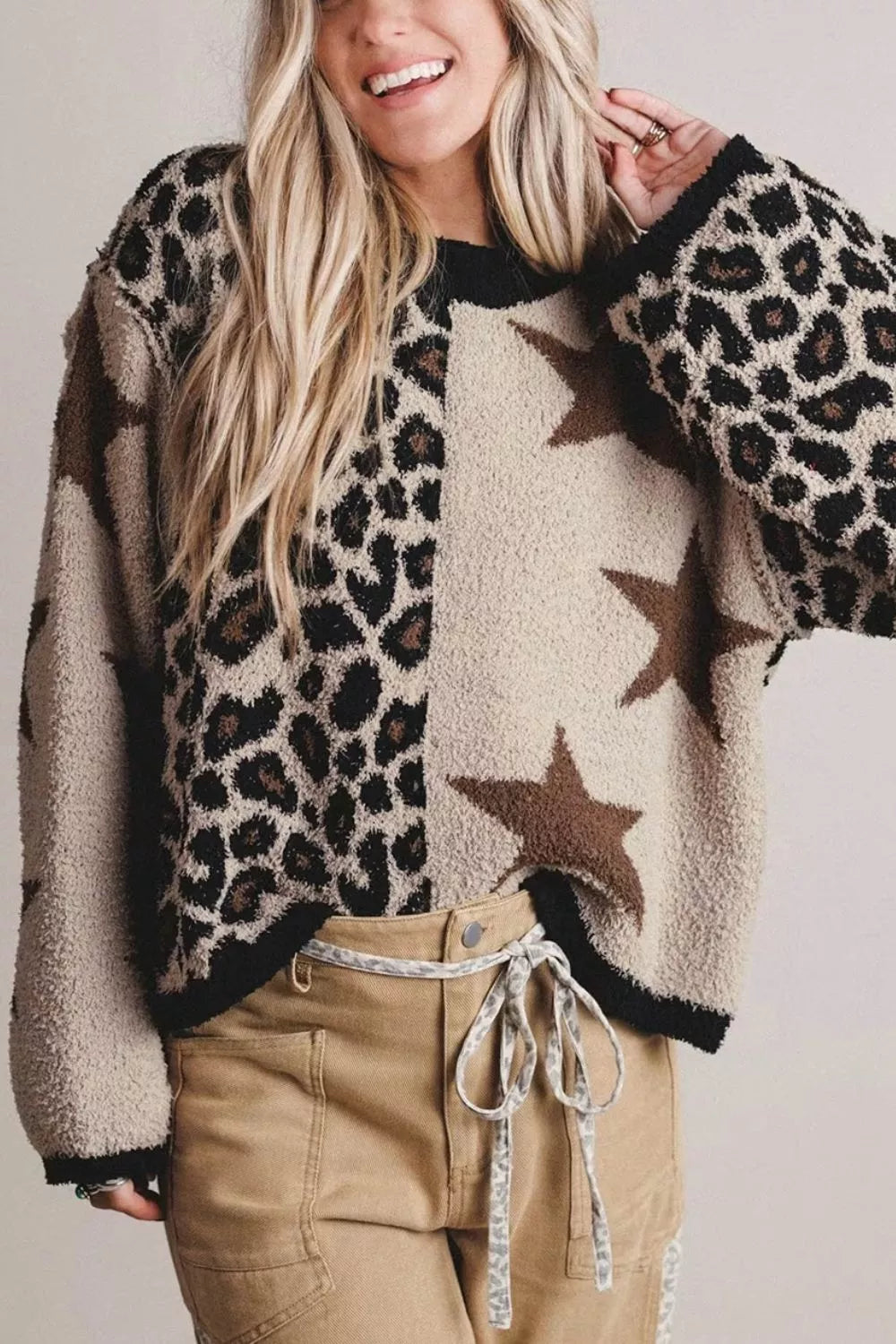 Leopard Star Pattern Round Neck Long Sleeve Shift Sweater - Lilixa.store
