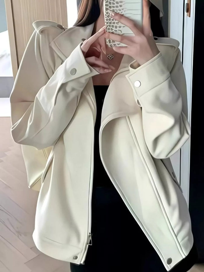Asymmetric Zip-Up Moto-Style Jacket in Ivory
