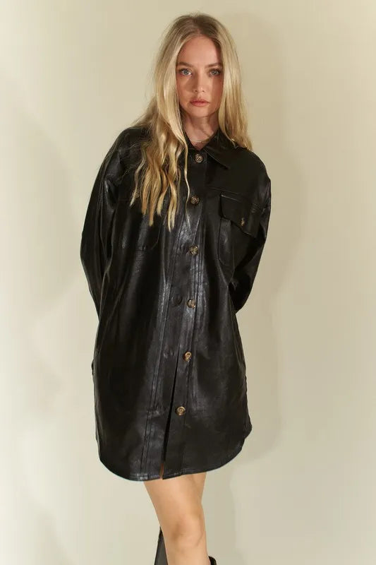 Davi & Dani Faux Leather Button Up Jacket with Chest Pockets in Black, view 4