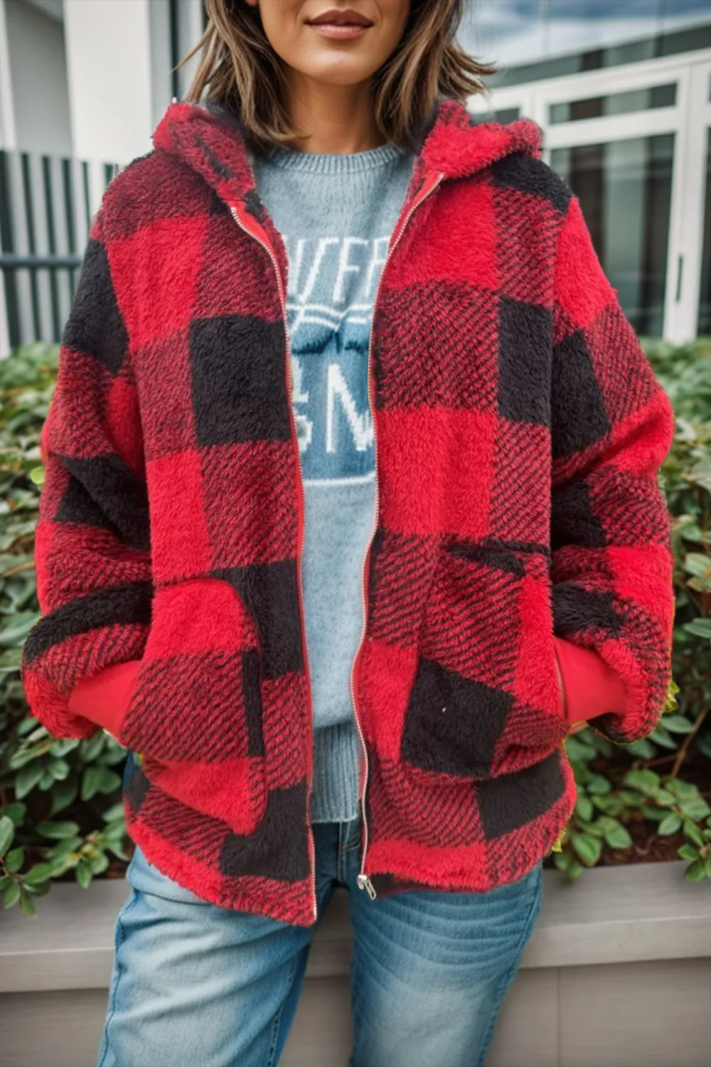 Double Take Full Size Check Fuzzy Sherpa Hooded Zip Up Teddy Winter Coat with Pockets Plus Size - Lilixa.store