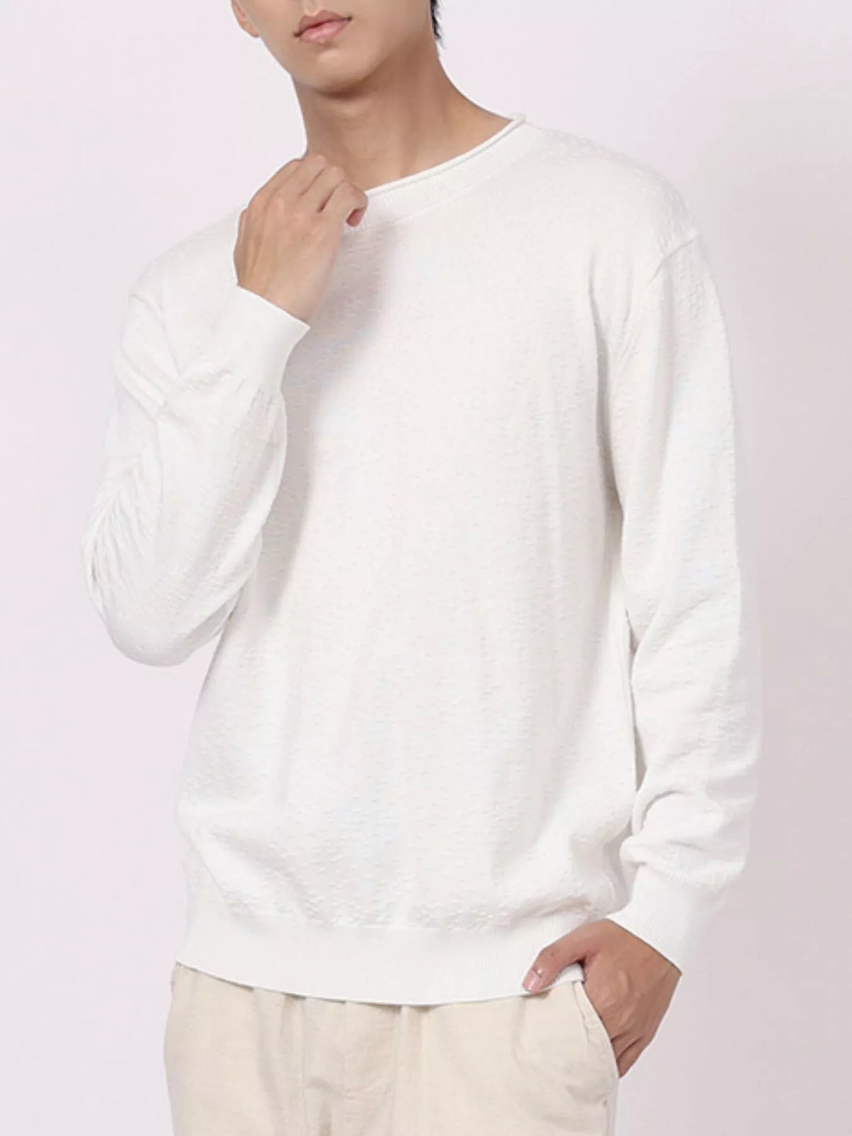 Men's Plus Size Textured Crew Neck Sweater in White