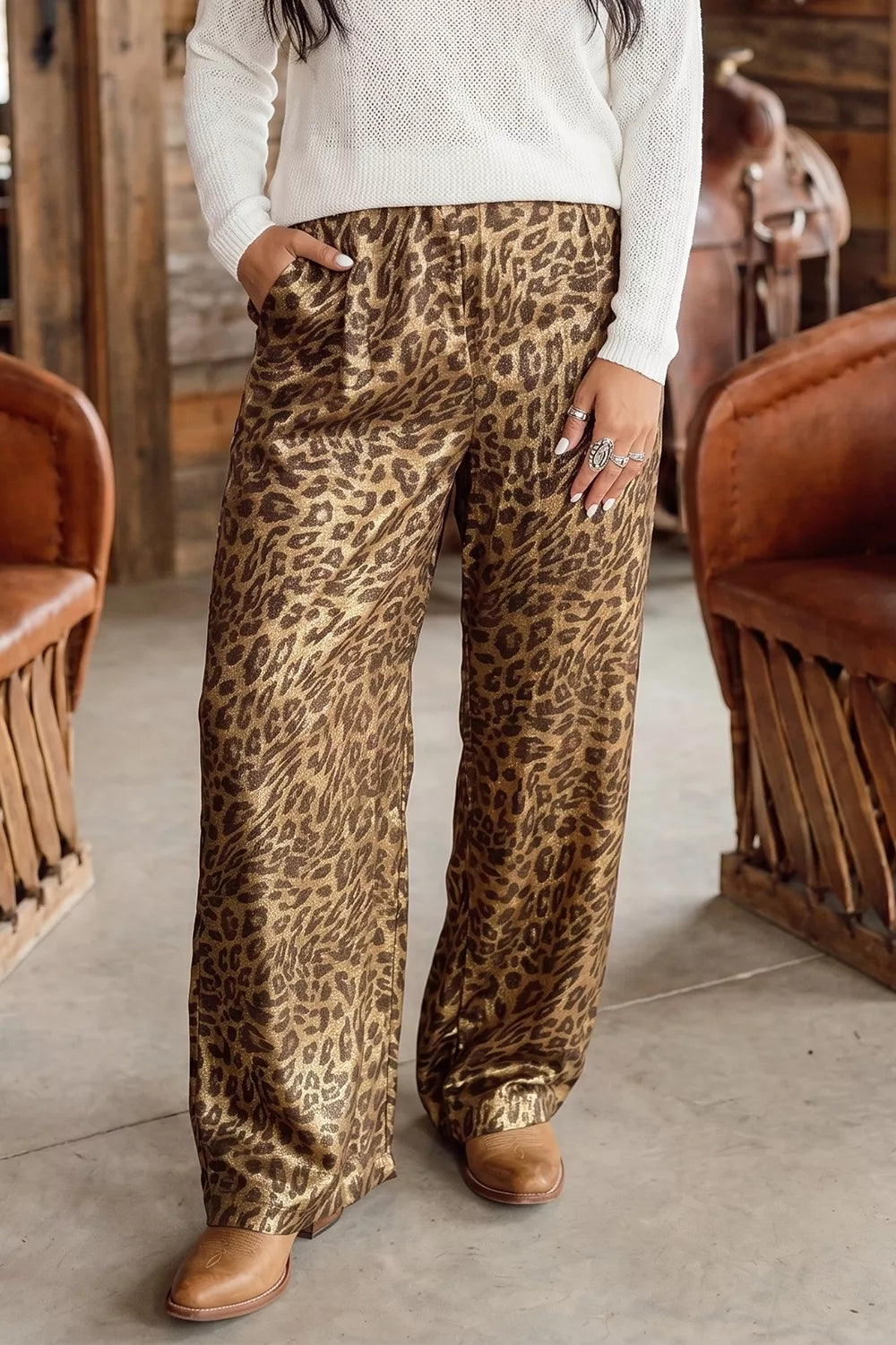 Multicolour Leopard Print Western Style Wide Leg Full Length Pants - Lilixa.store