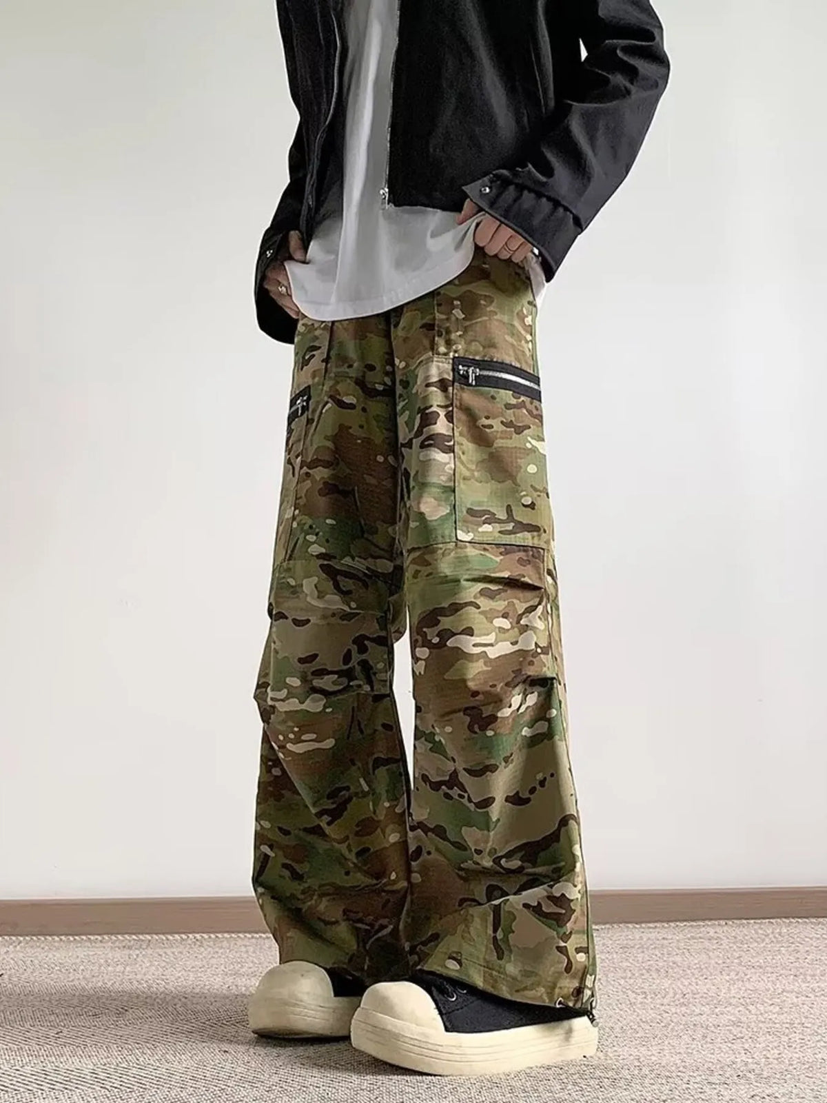 Men's Full Size Camo Wide Leg Cargo Pants with Zipper Pockets Plus Size in Camouflage, view 2