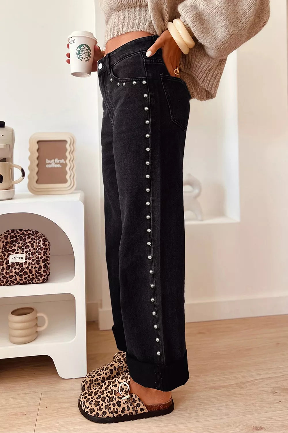 Studded Detail Straight Leg Casual Loose Jeans - Lilixa.store