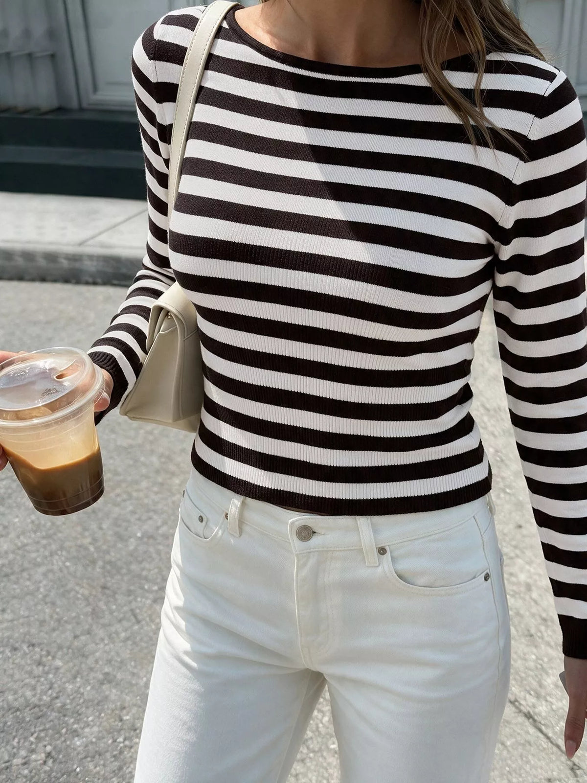 Striped Long Sleeve Knit Top in Black, view 5