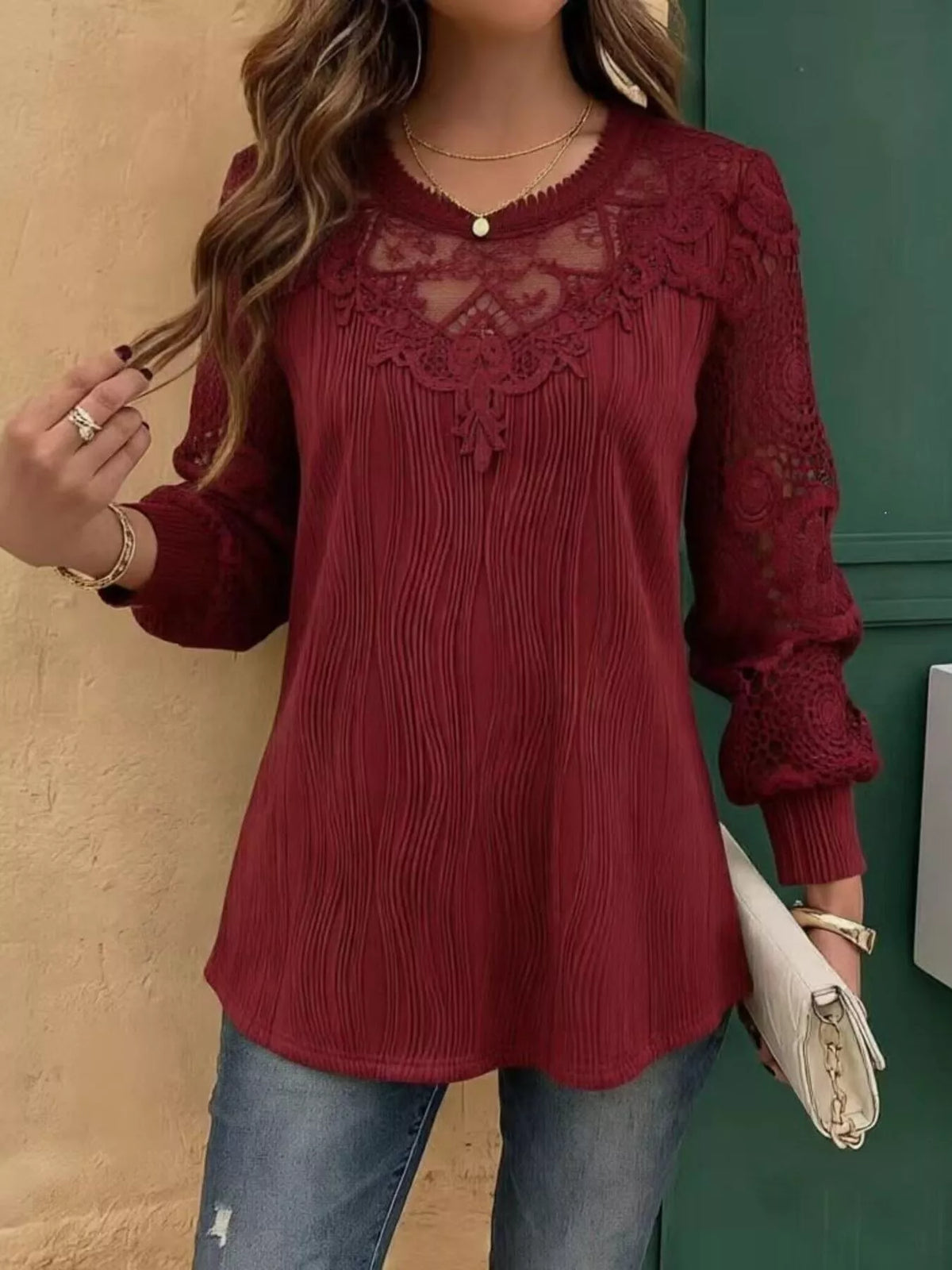 Lace Patchwork Long Sleeve Blouse - Lilixa.store