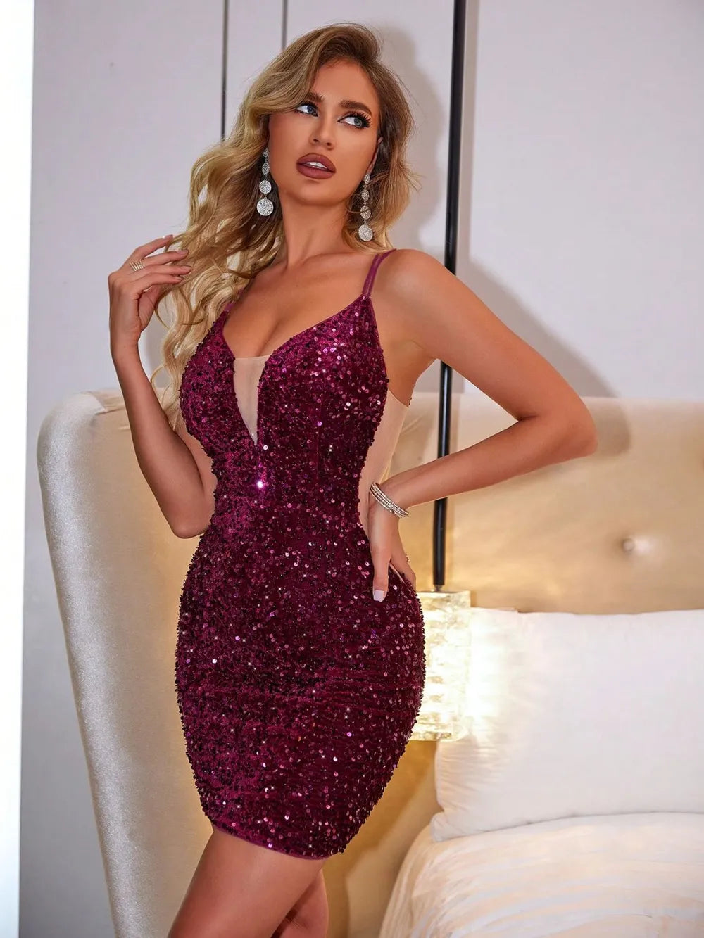 Lace-Up Sequin Plunge Sleeveless Dress - Lilixa.store