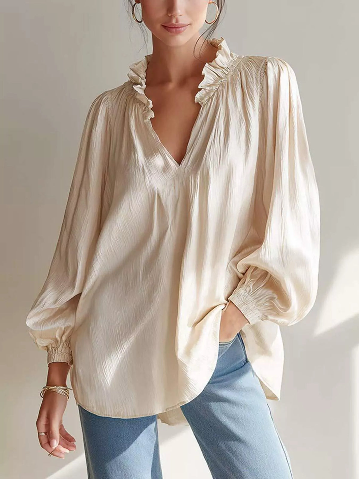 Ruffle Trim Long Sleeves Blouse - Lilixa.store
