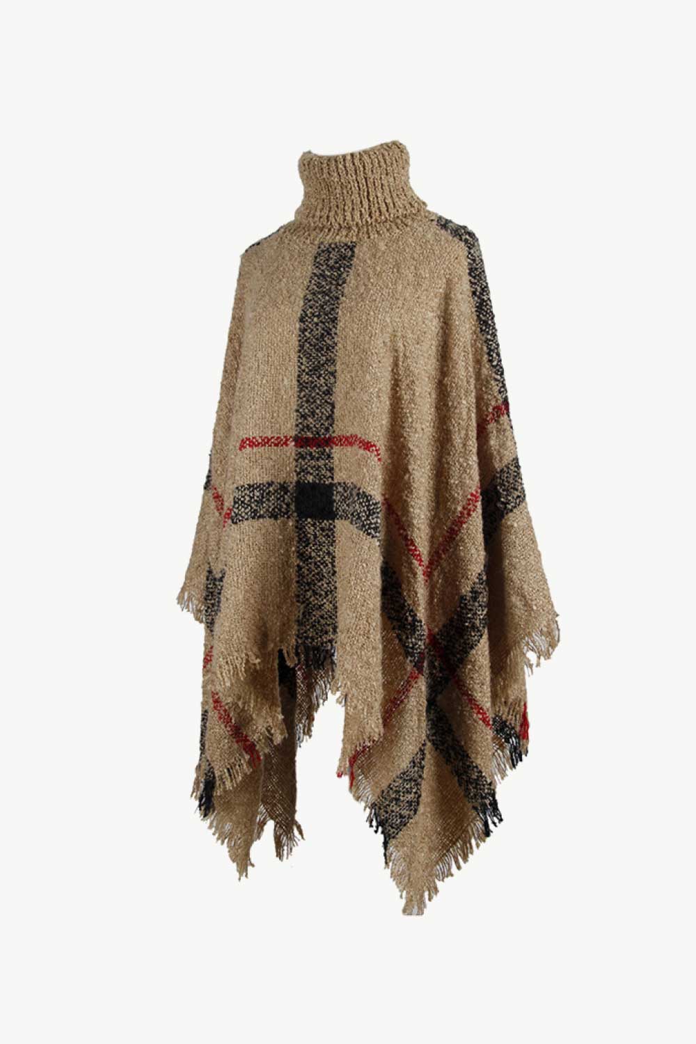Plaid Turtleneck Raw Hem Poncho, view 11