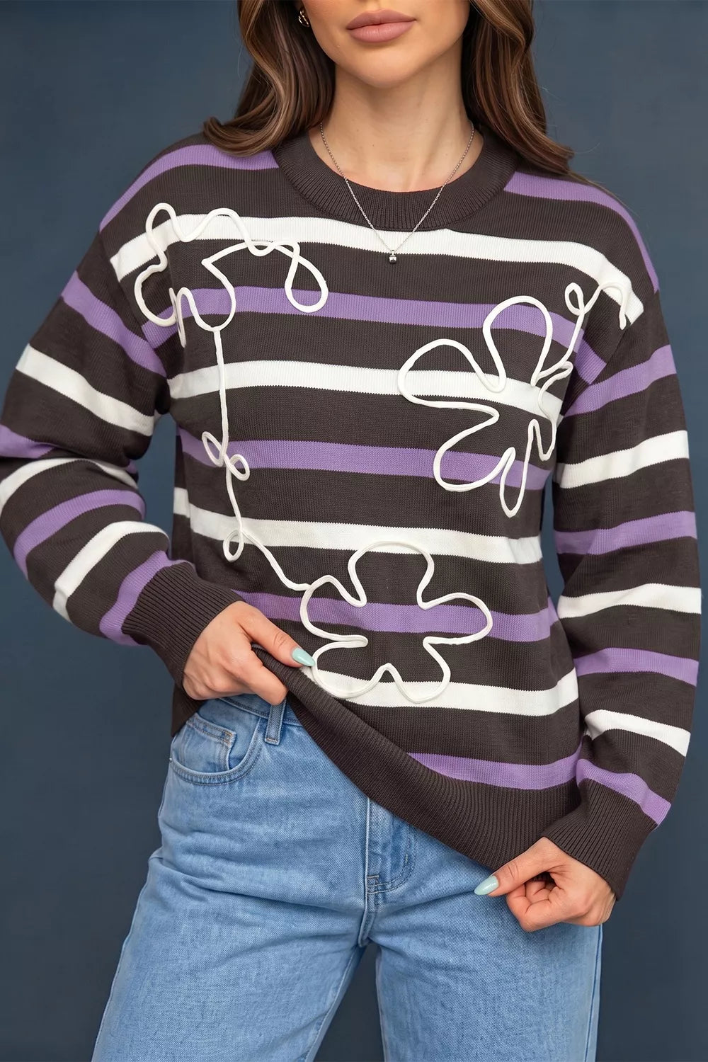 Stripe Embroidered Detail Drop Shoulder Sweater