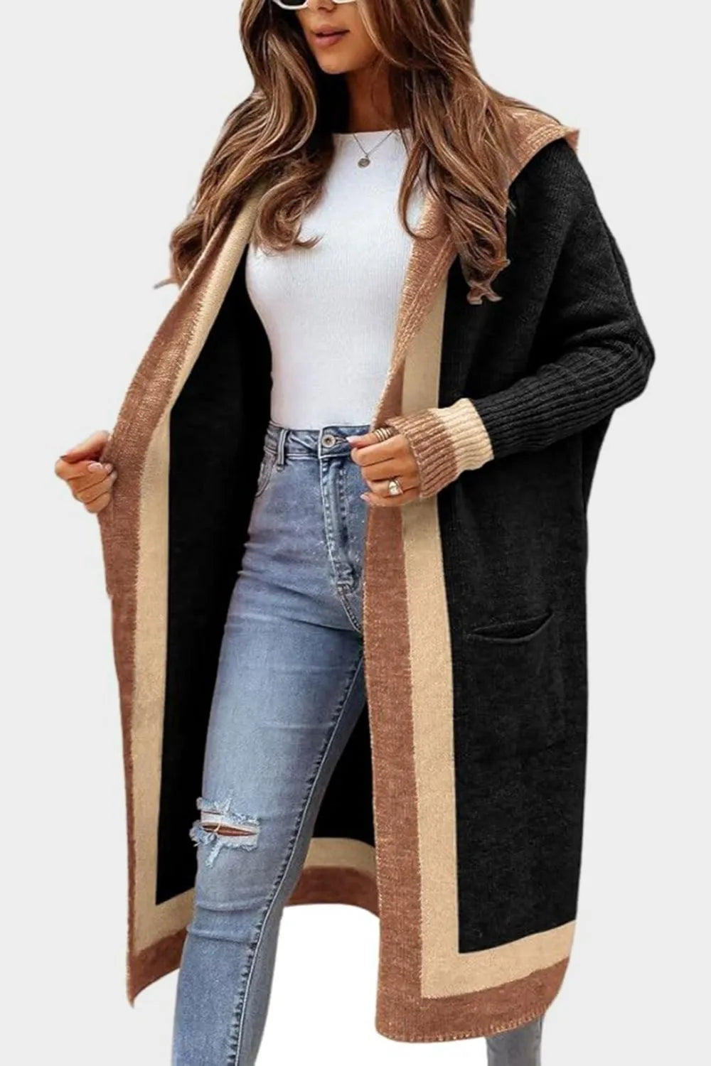 Pocketed Contrast Long Sleeve Hooded Cardigan - Lilixa.store