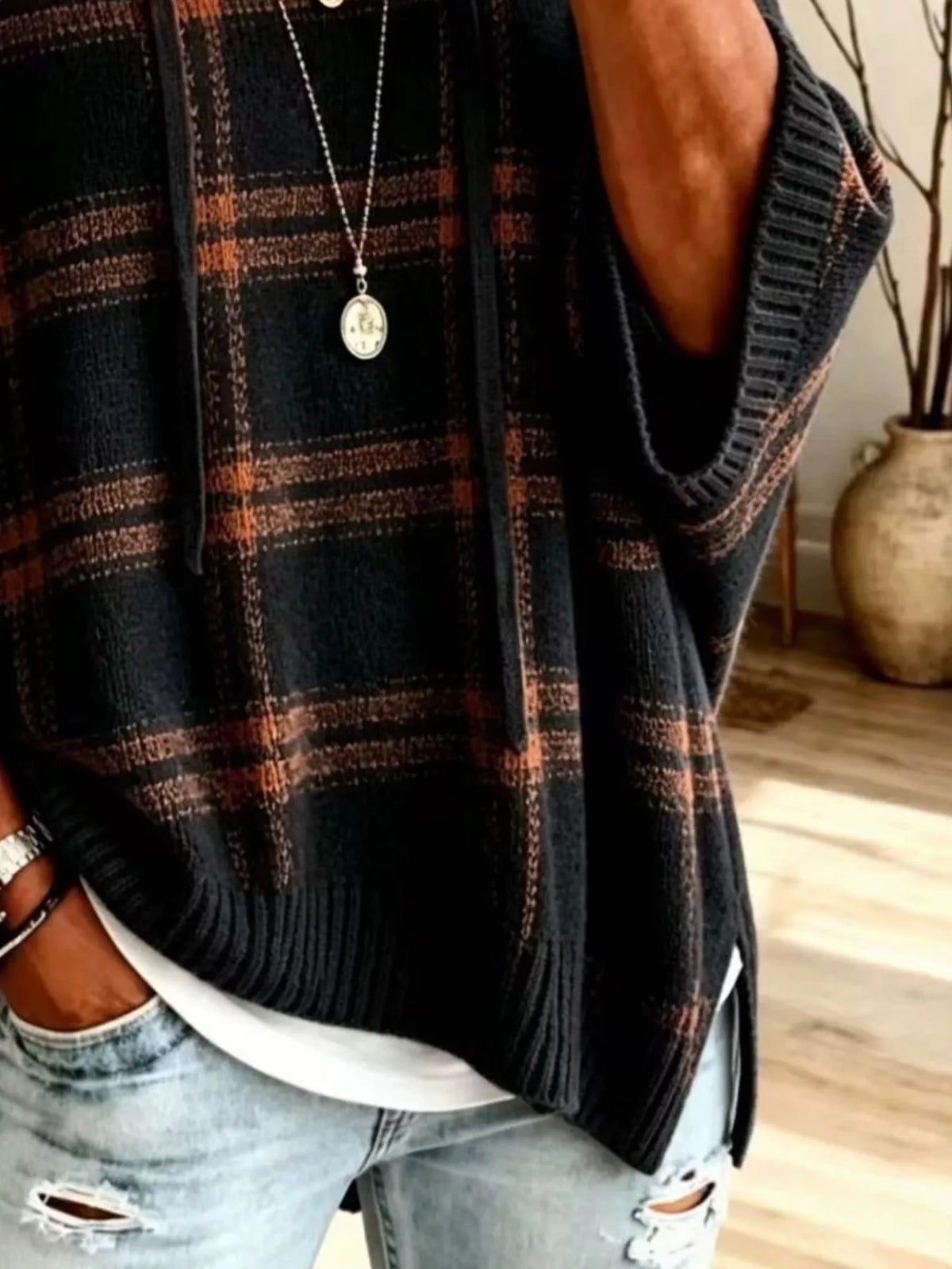Plaid Hooded Knit Sweater, view 8