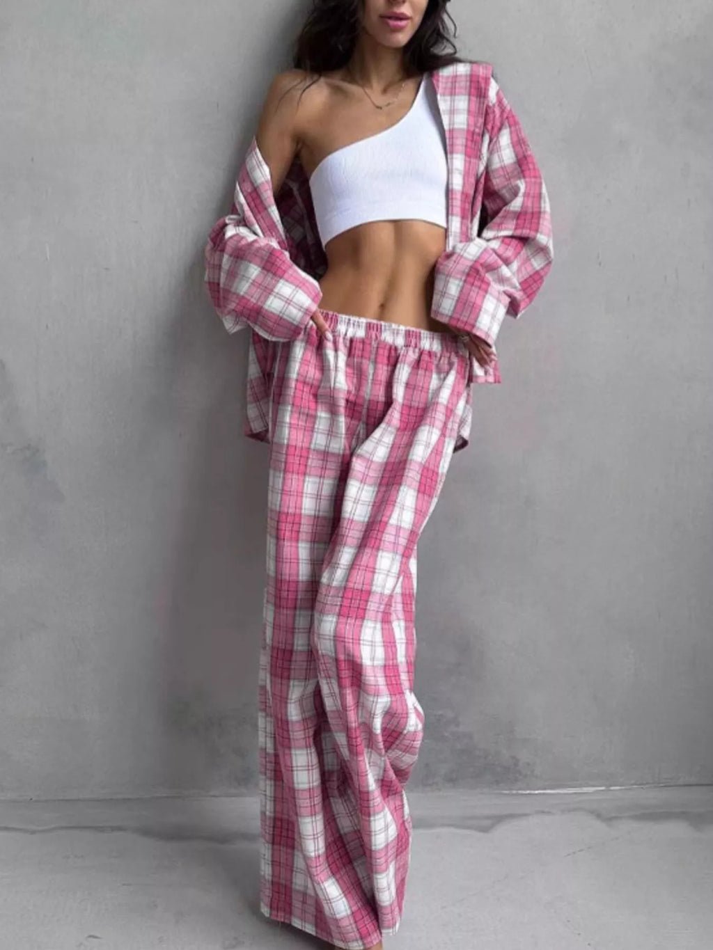 Plaid Long Sleeve Shirt and Pants Set - Lilixa.store