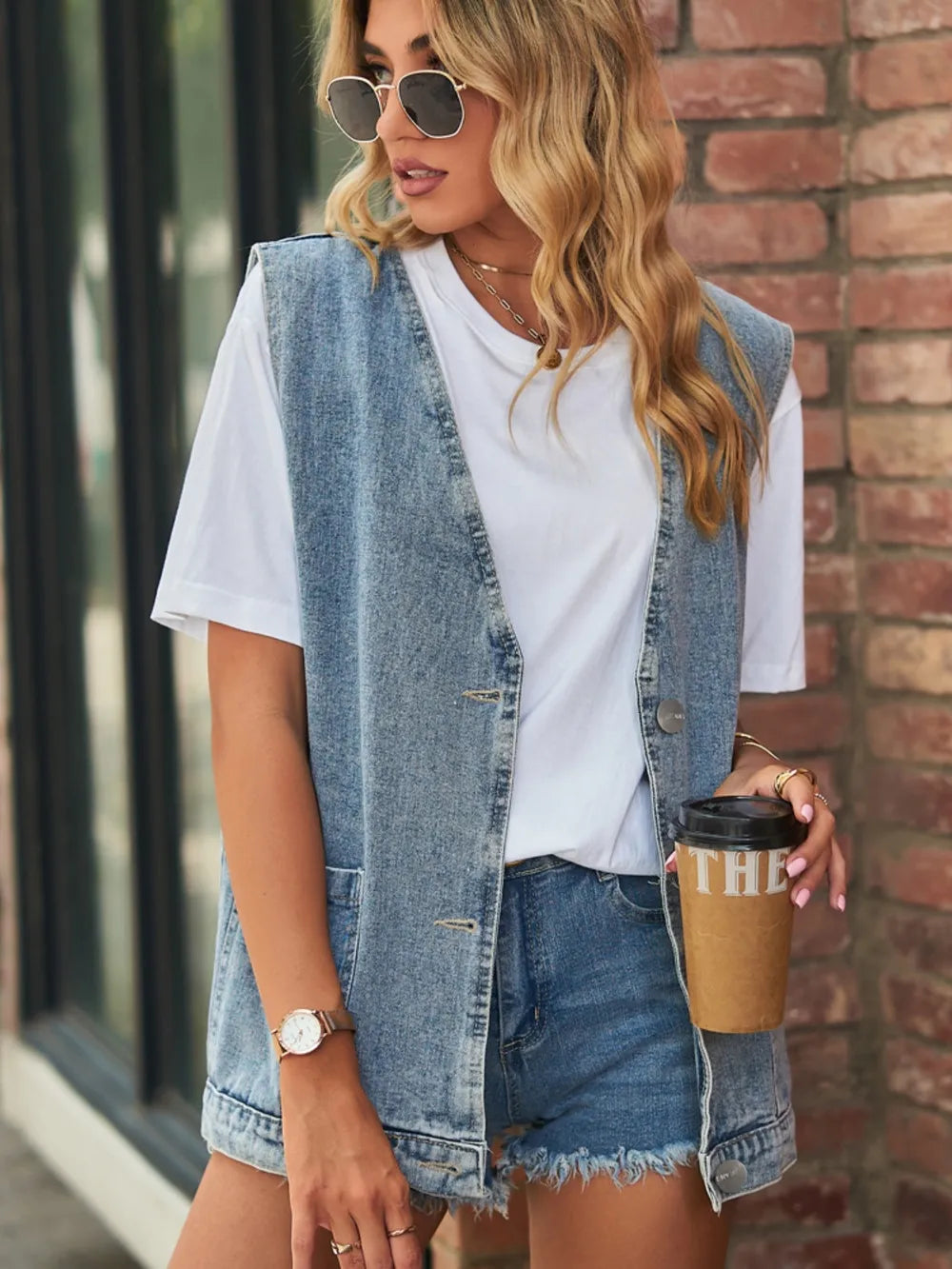 Full Size V-Neck Button Up Denim Vest - Lilixa.store