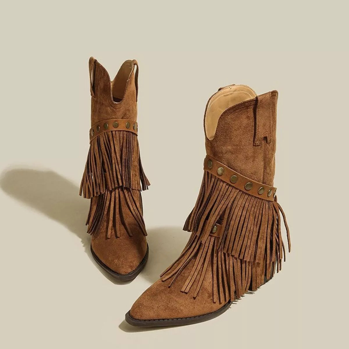 Vintage Suede Western Fringe Boots with Studded Straps in Brown