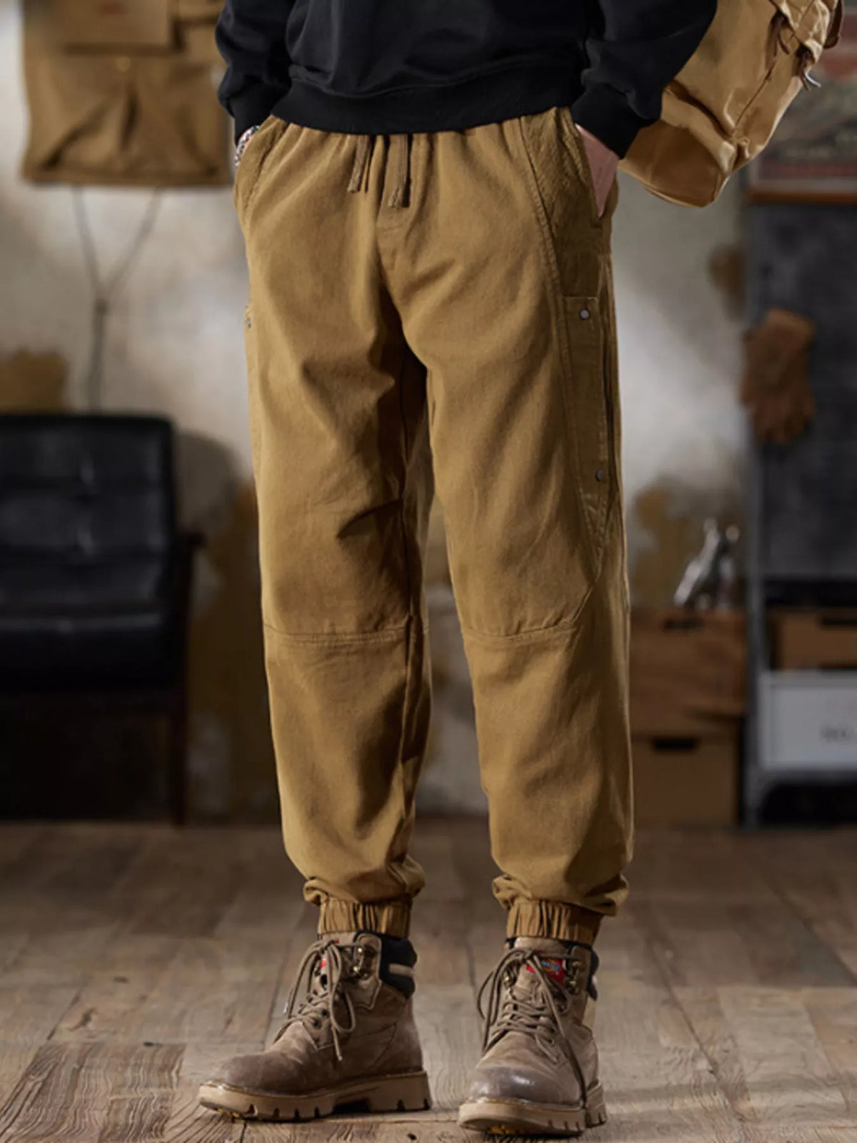 Men's Full Size Casual Drawstring Cargo Joggers Plus Size in Khaki