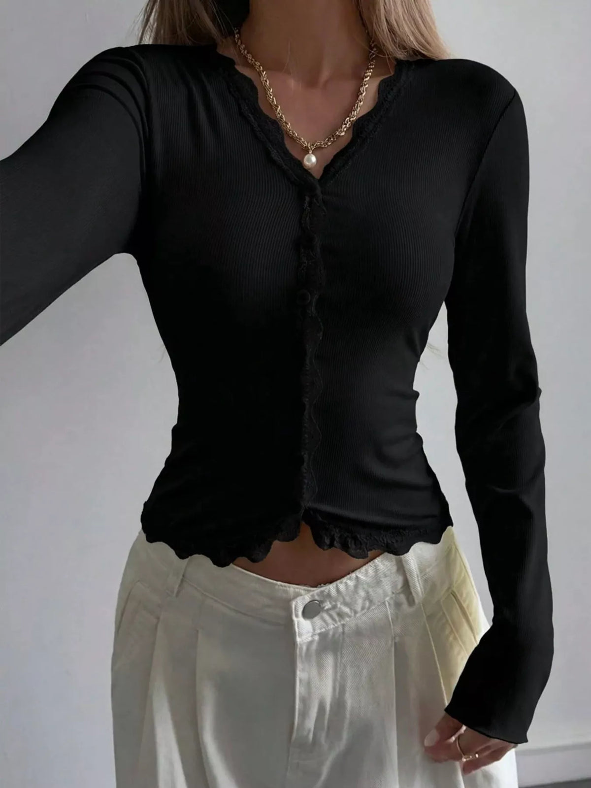Lace Trim V-Neck Ribbed Long Sleeve Blouse in Black