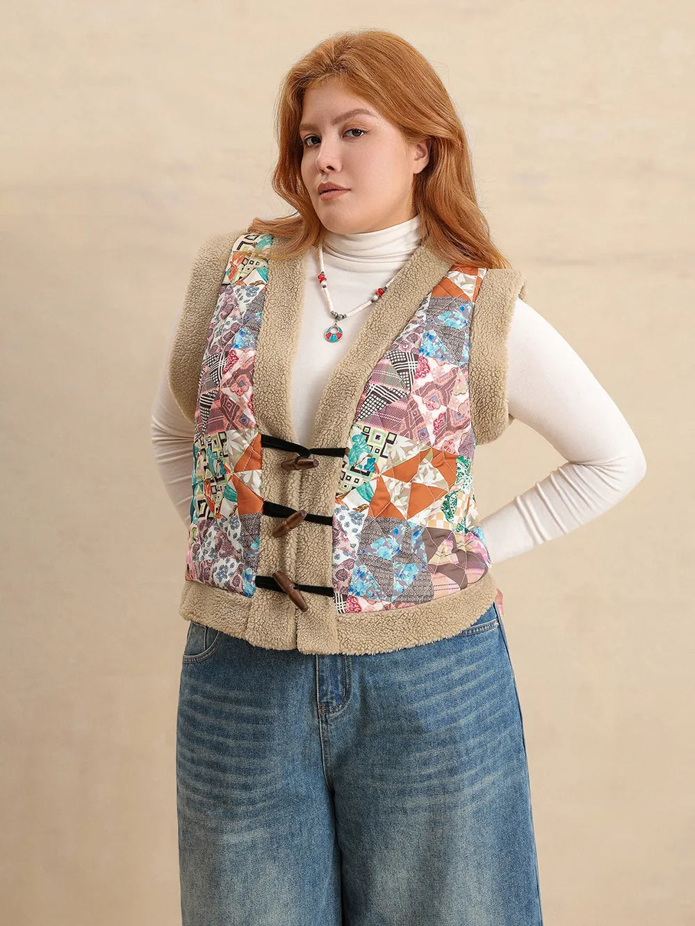 Plus Size Printed Sherpa Vest Coat in Multicolor, view 3