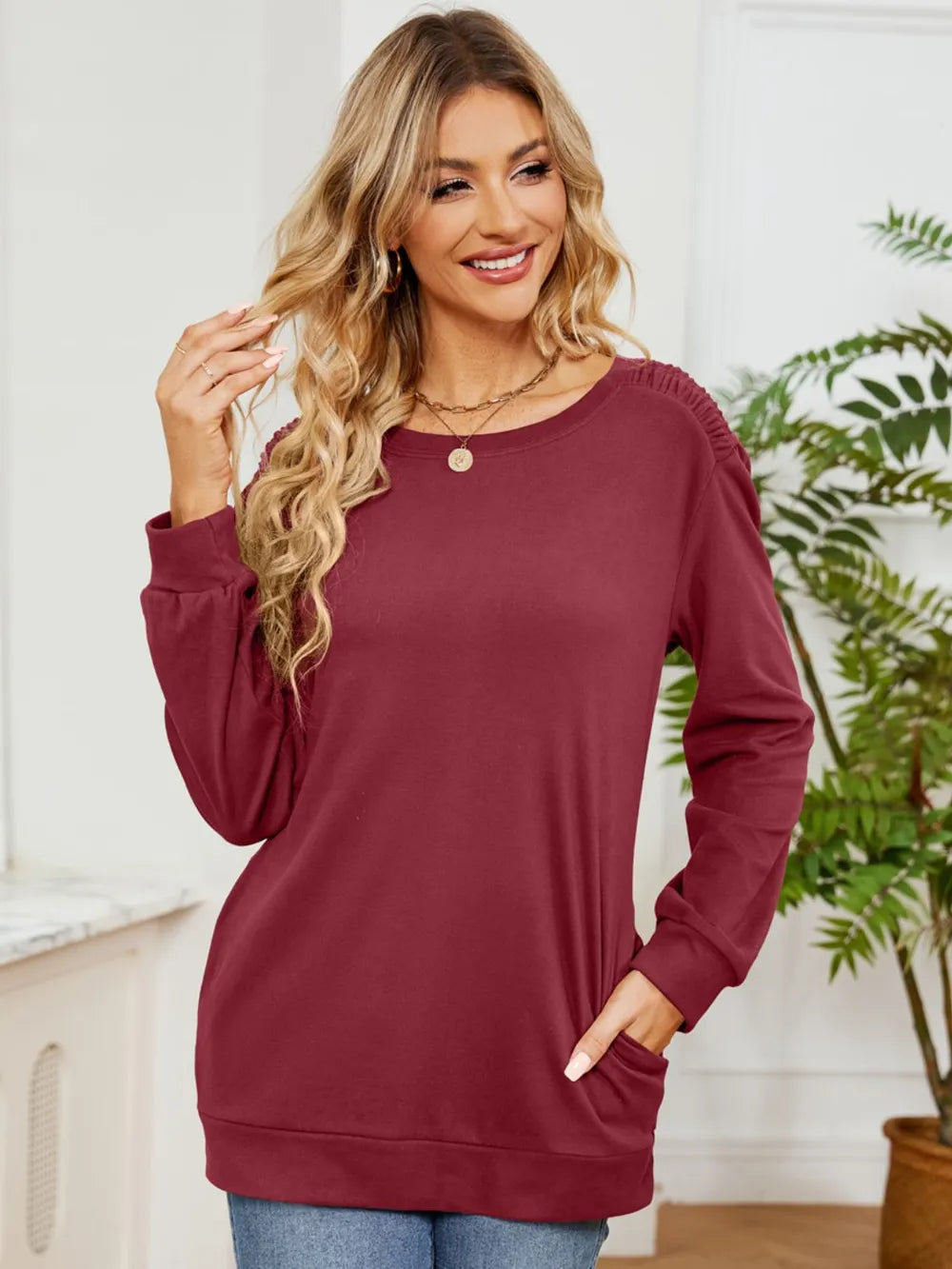 Ruched Shoulder Round Neck Long Sleeve Sweatshirt - Lilixa.store