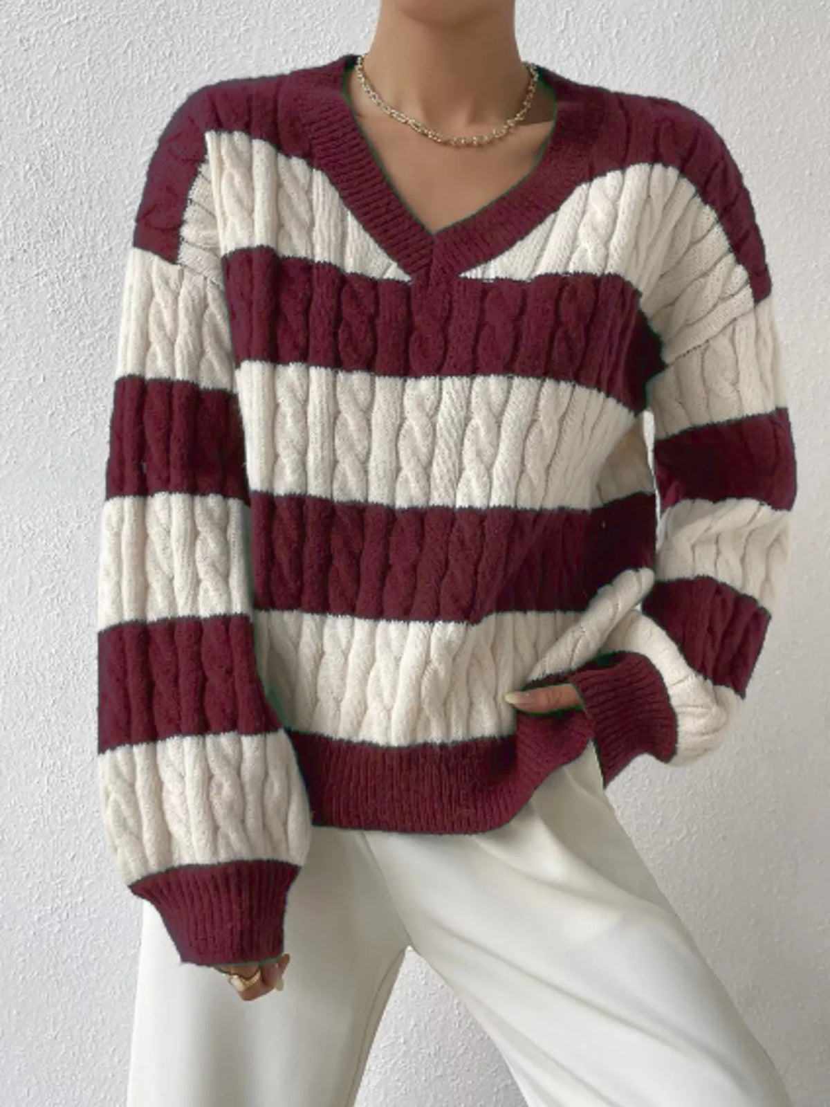 V-Neck Striped Cable Knit Sweater