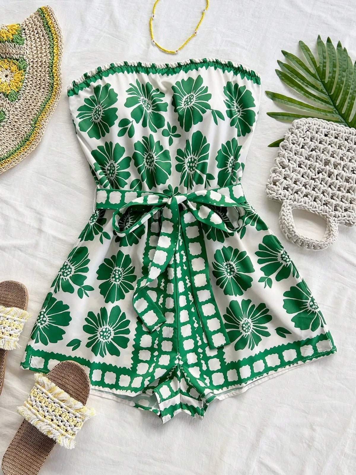 Printed Tube Tie Waist Romper - Lilixa.store
