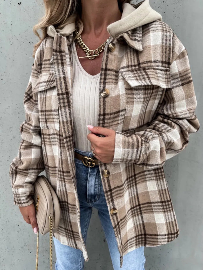 Plaid Button Up Jacket with Removable Hood in Camel