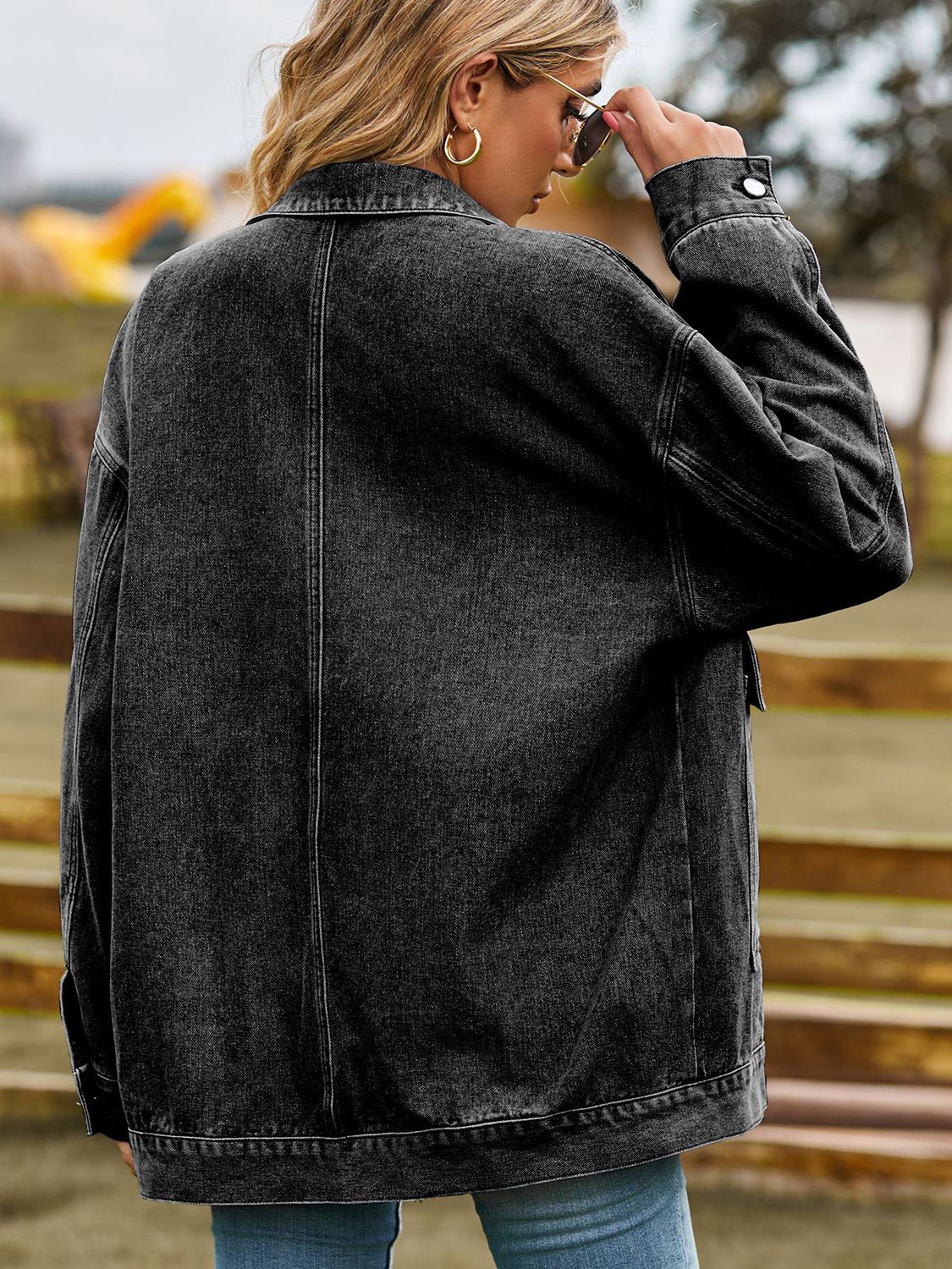 Dropped Shoulder Denim Jacket with Pockets in Dark Gray, view 12