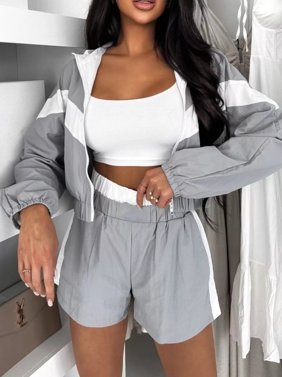 Color Block Zip-Up Jacket and Shorts Two-Piece Set - Lilixa.store