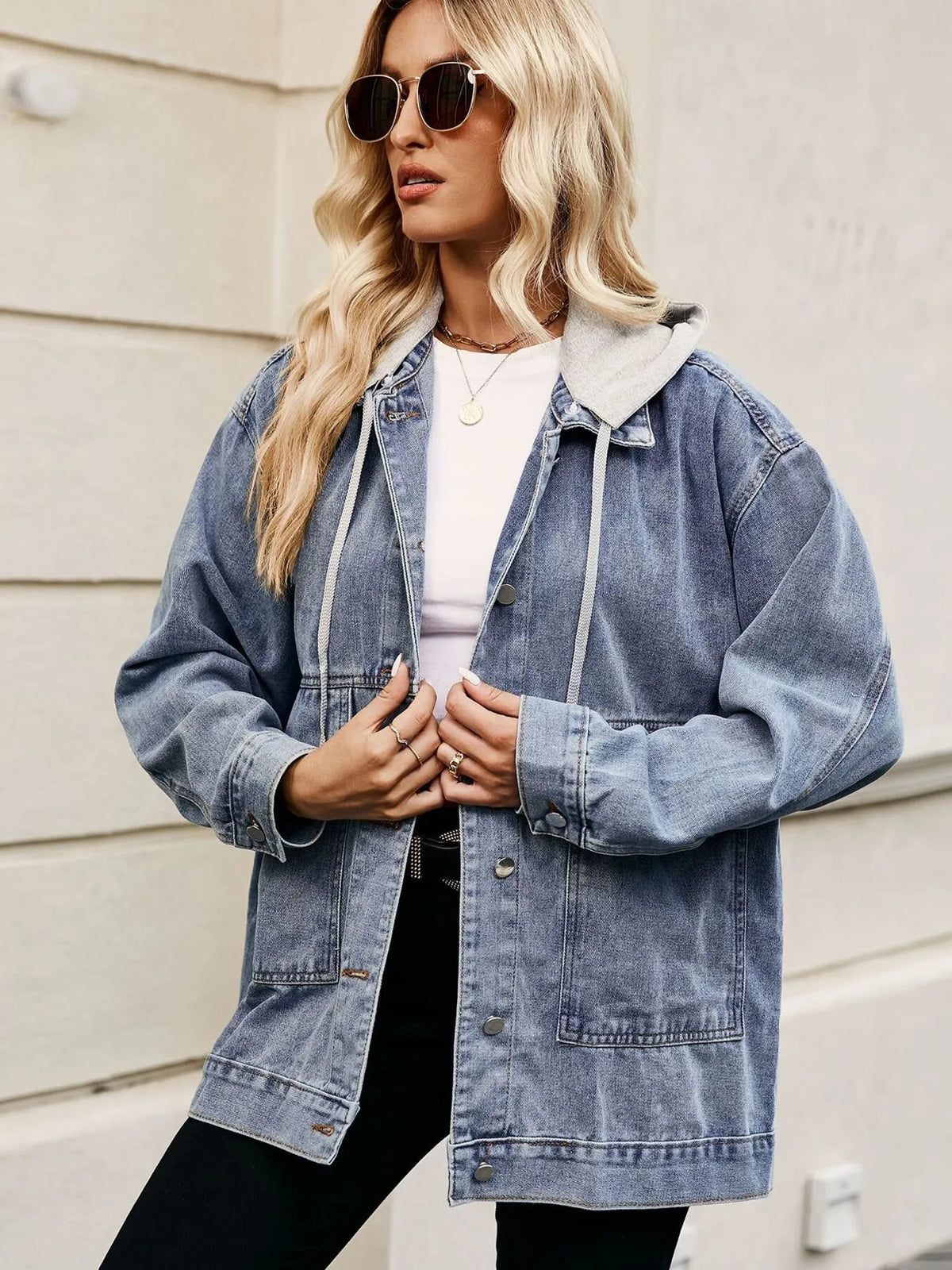 Oversized Button Up Denim Jacket with Hood in Light Blue