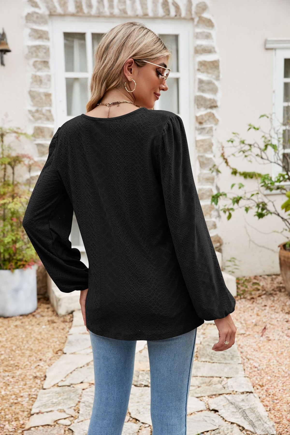 Eyelet Notched Neck Balloon Sleeve Blouse, view 8