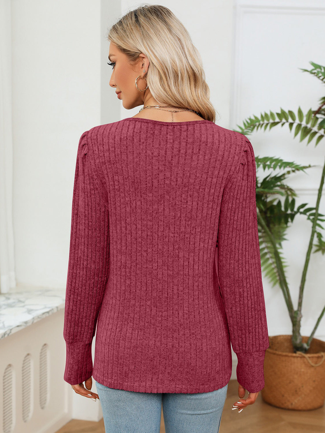 Lace Detail V-Neck Ribbed Blouse, view 6