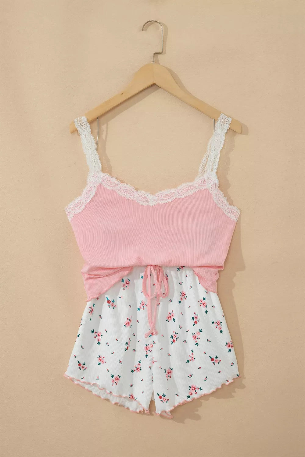 Ribbed Knit Lace Straps Patchwork Lettuce Hem Cropped Top Floral Short Lounge Set - Lilixa.store