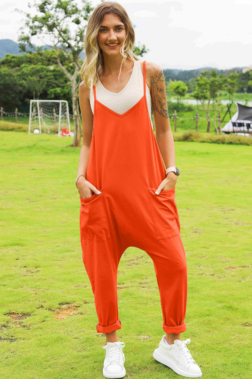 Double Take Full Size Sleeveless V-Neck Pocketed Jumpsuit - Lilixa.store