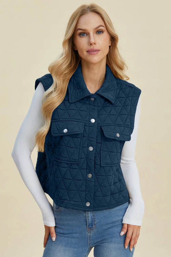 Double Take Full Size Pocketed Texture Snap Down Vest Coat in Peacock Blue