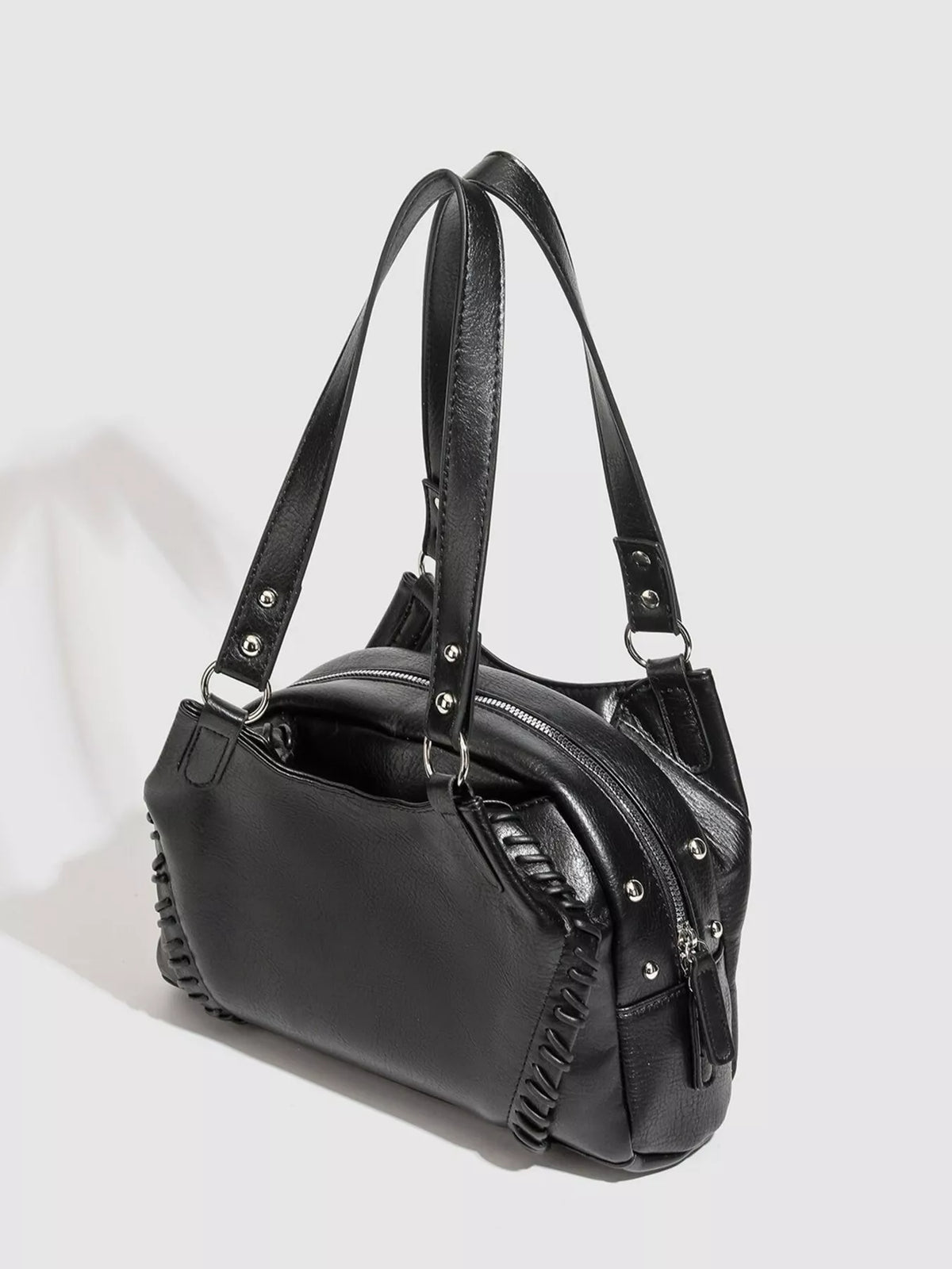 PU Leather Shoulder Bag with Woven Detail and Stud Accents in Black, view 2