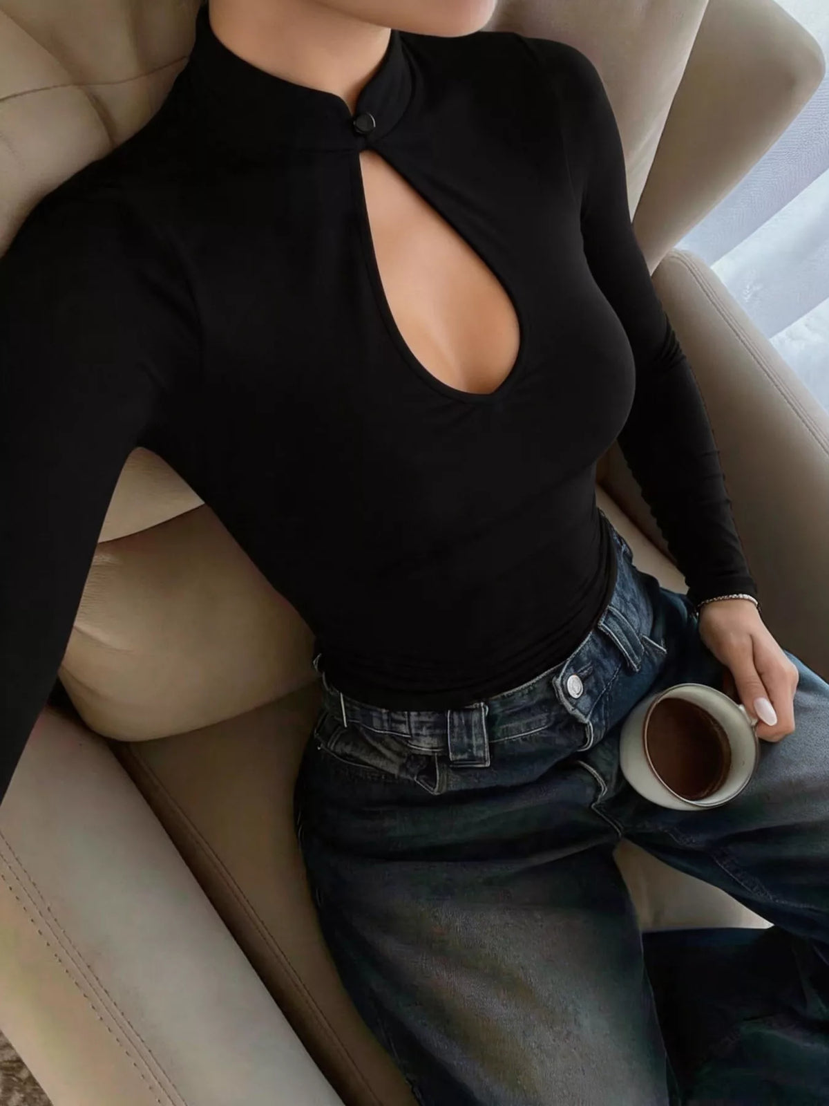 Long-Sleeve Keyhole Cutout Slim-Fit T-Shirt