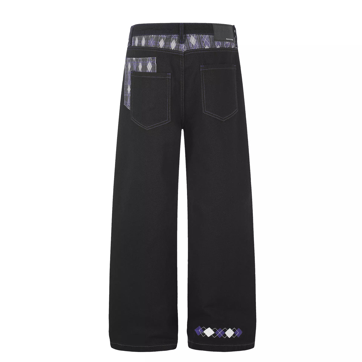 Men's High-Waisted Wide-Leg Jeans with Argyle Pattern Accents in Black, view 3