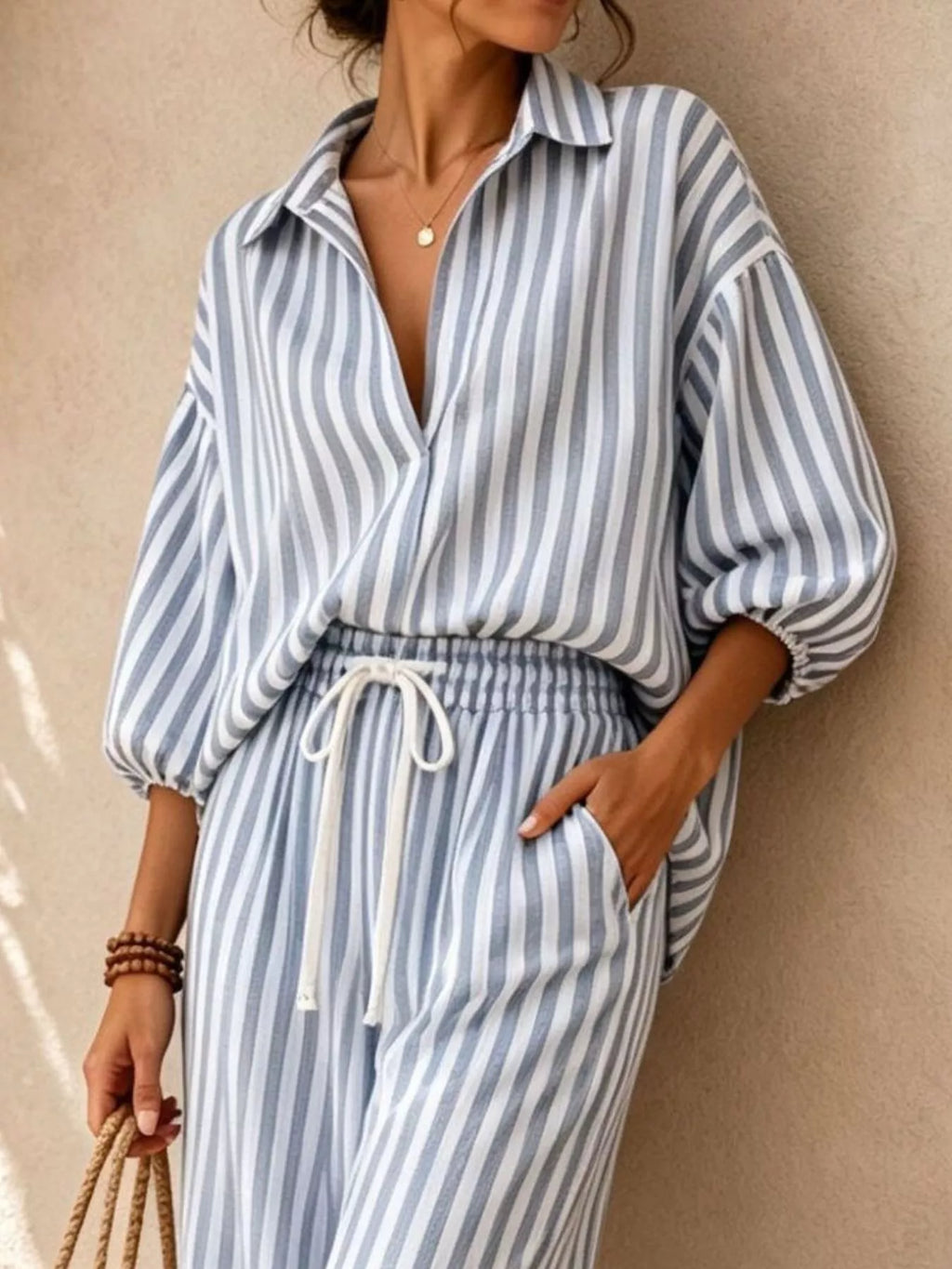 Striped Collared Shirt and Wide-Leg Drawstring Pants Set - Lilixa.store