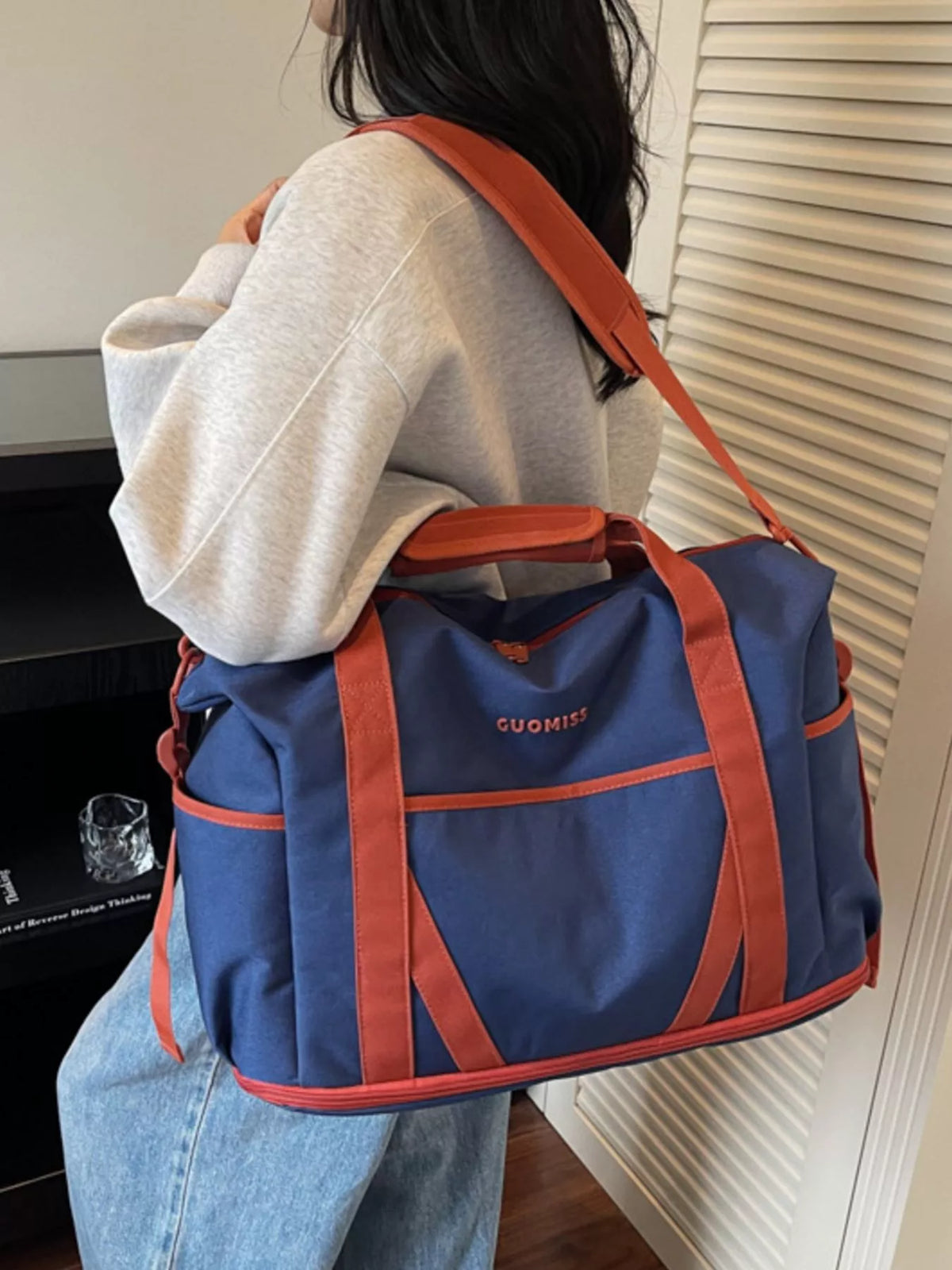 Contrast Oxford Cloth Travel Bag in Blue, view 4
