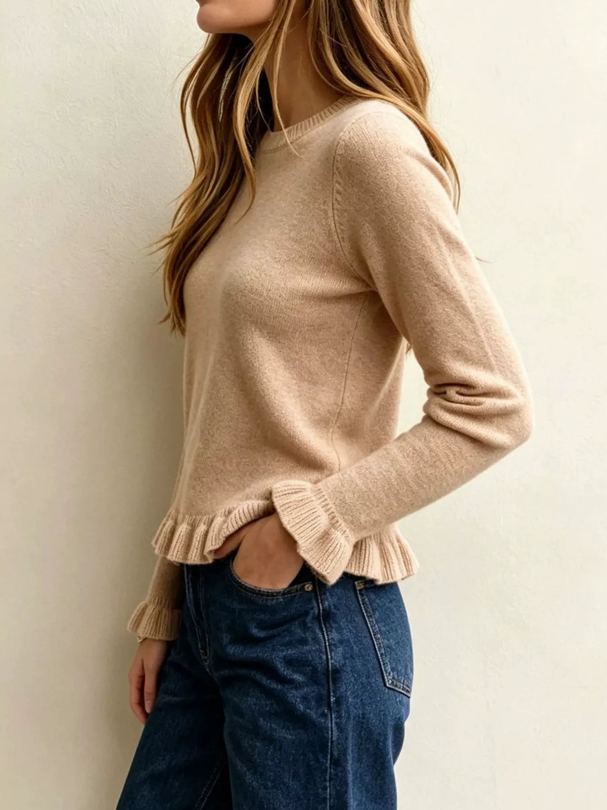Ruffle-Trimmed Crew Neck Sweater