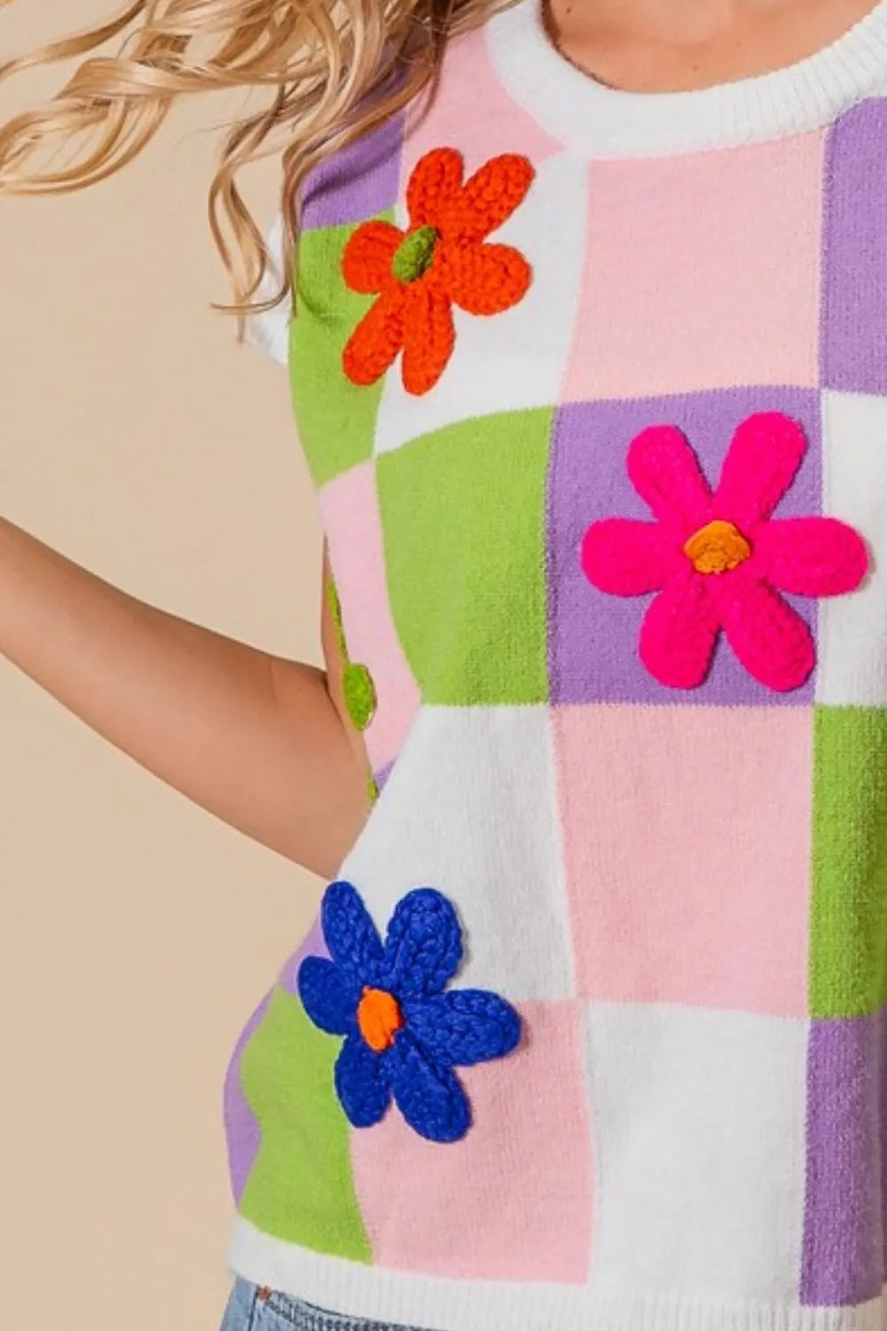 BiBi Flower Patch Checkered Sweater Vest in Lavender/Blush/Lime, view 3