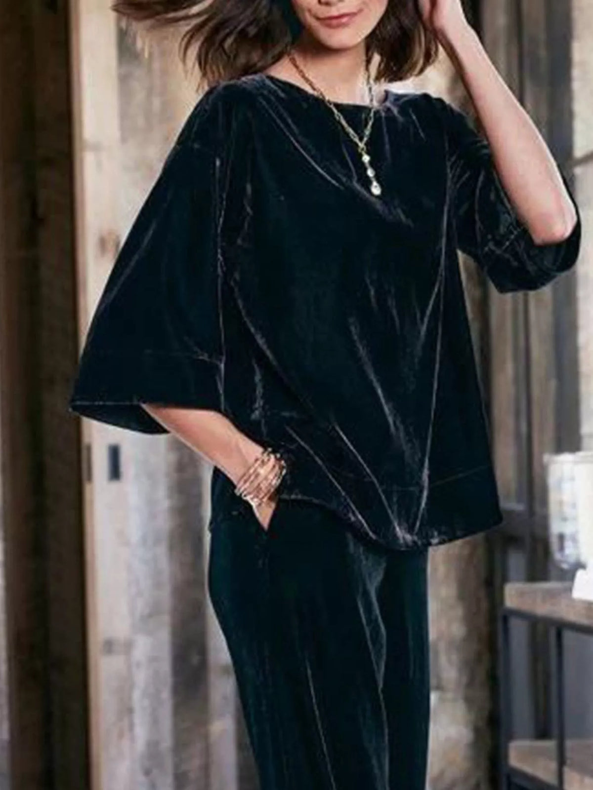 Velvet Boat-Neck T-Shirt with Three-Quarter Sleeves, view 5