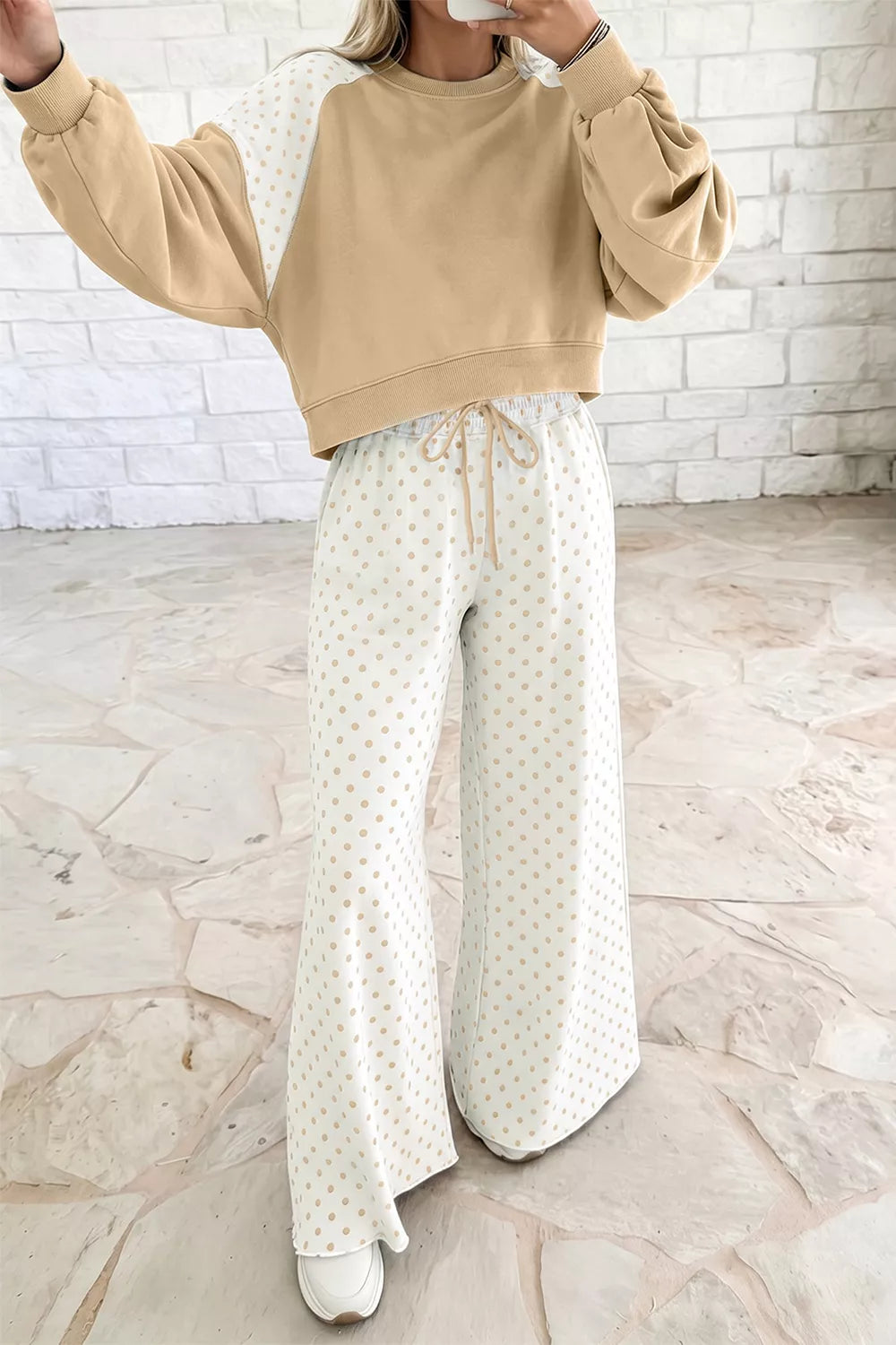 Polka Dot Patchwork Colorblock Long Sleeve Casual Two Piece Pants Set - Lilixa.store